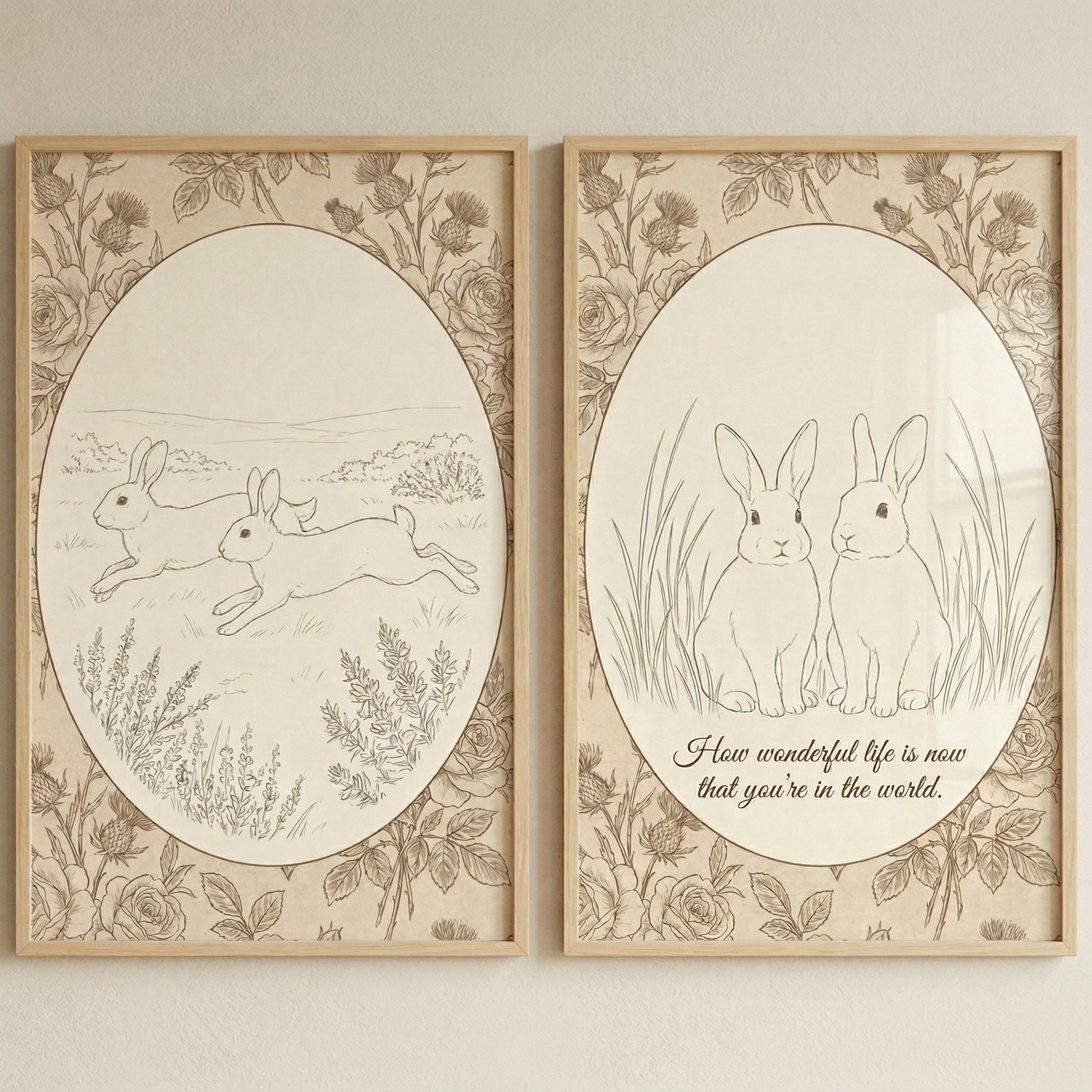 Vintage Botanical Sketch Rabbit Wall Art Set of 2 - Vintage Bunny Duo