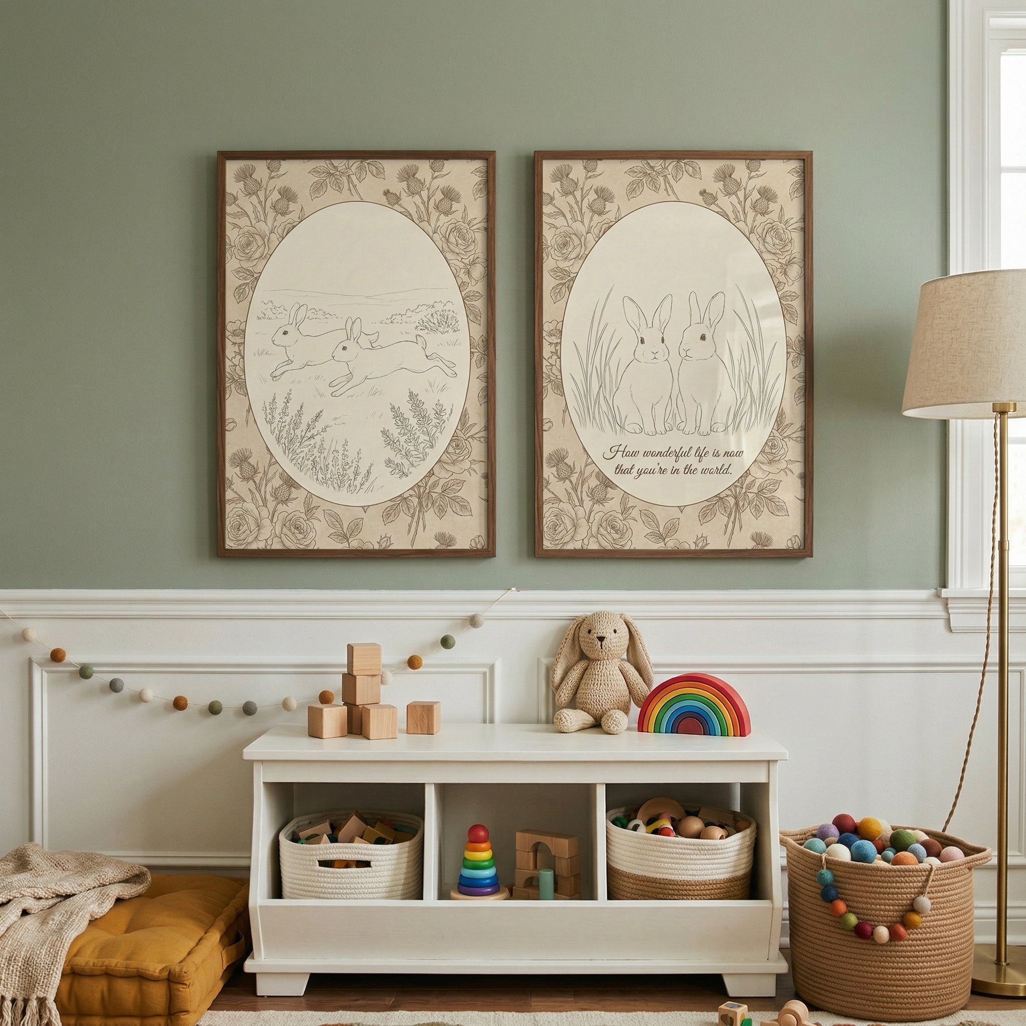 Vintage Botanical Sketch Rabbit Wall Art Set of 2 - Vintage Bunny Duo
