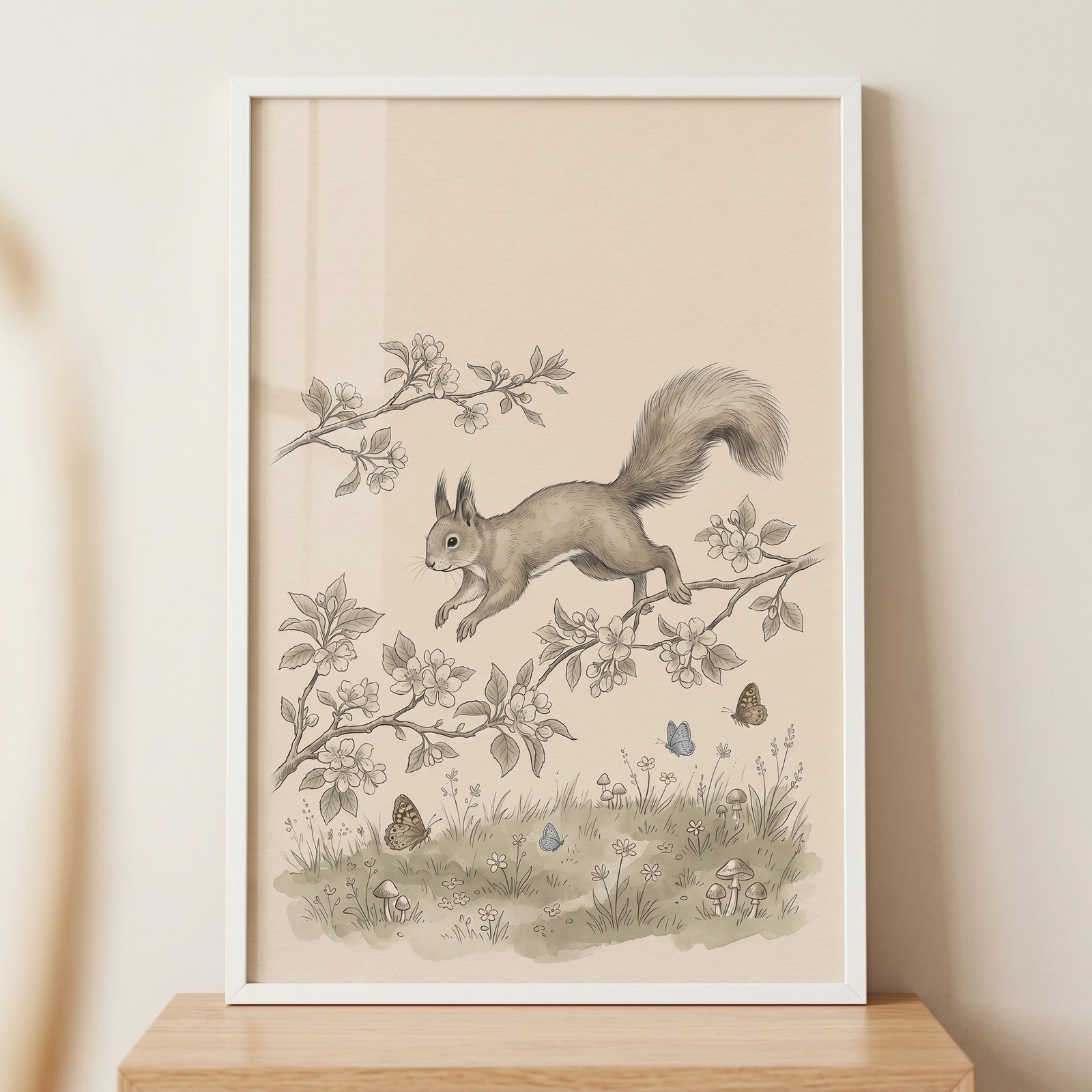 Vintage botanical squirrel artwork of a squirrel jumping between blossoming branches above butterflies and mushrooms.