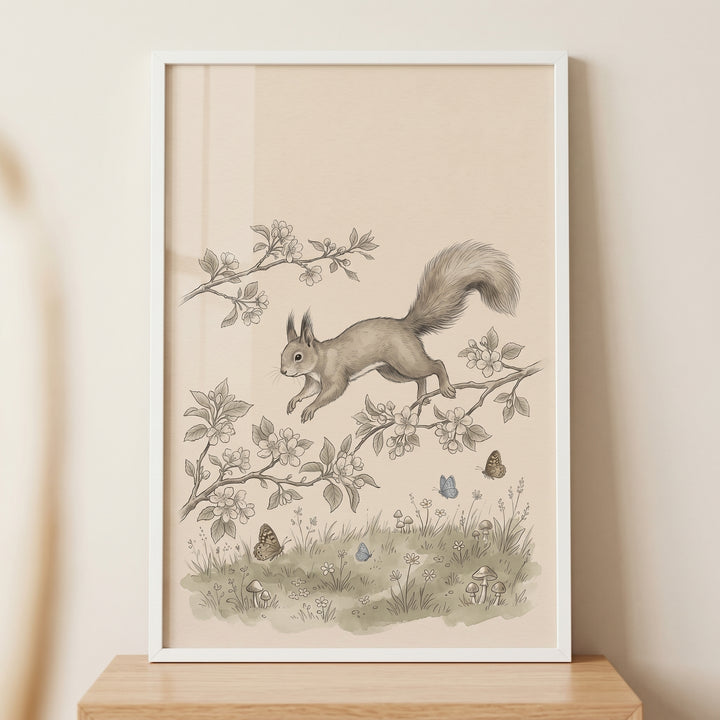 Vintage botanical squirrel artwork of a squirrel jumping between blossoming branches above butterflies and mushrooms.
