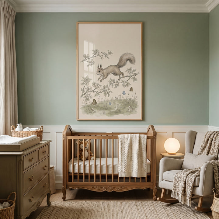 Sage green nursery featuring a wooden crib, rocking chair, and vintage botanical squirrel artwork on the wall.