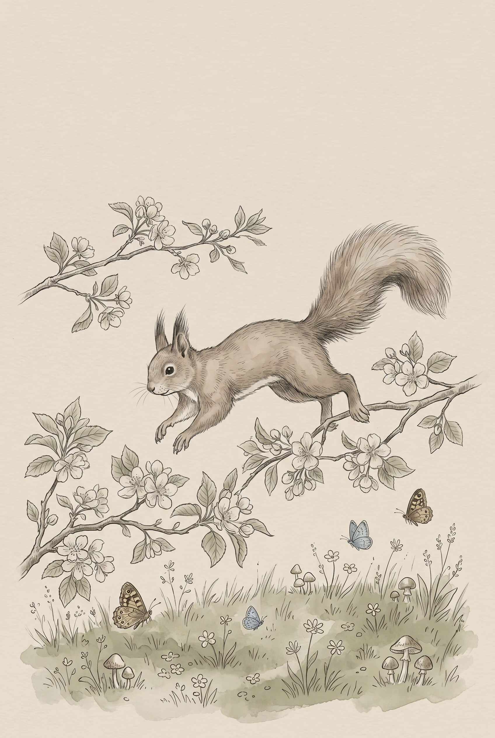 Vintage Botanical Squirrel Artwork - Whimsical Spring Leap