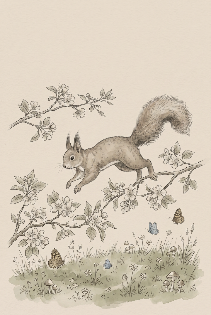 Vintage botanical squirrel artwork of a squirrel leaping between blossoming branches above butterflies and mushrooms.
