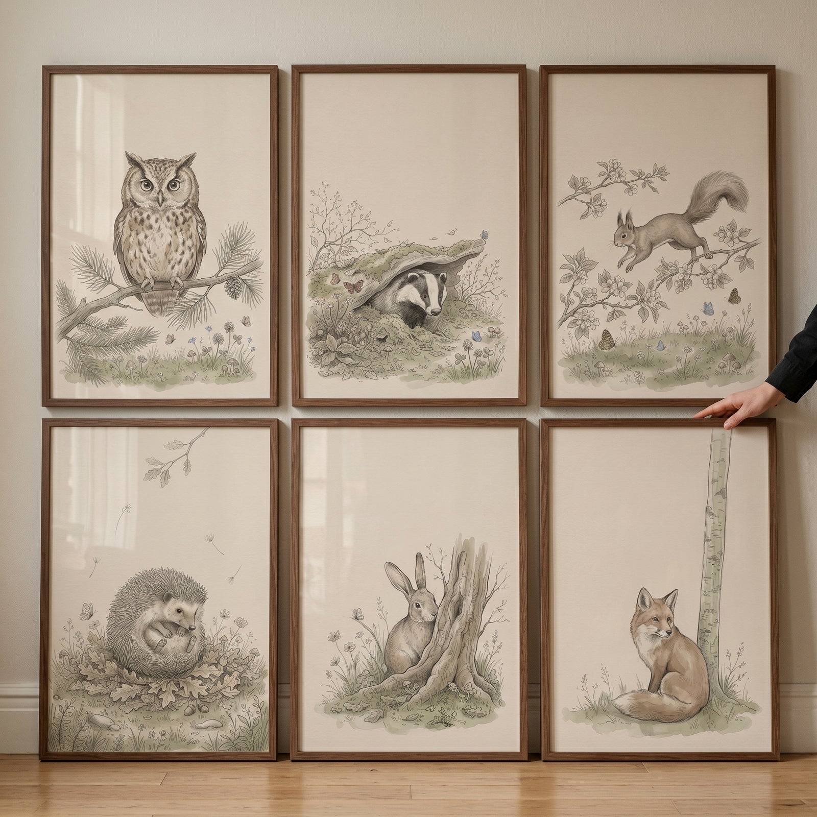 Framed vintage botanical woodland animal wall art set of 6 featuring an owl, badger, squirrel, hedgehog, rabbit, and fox.