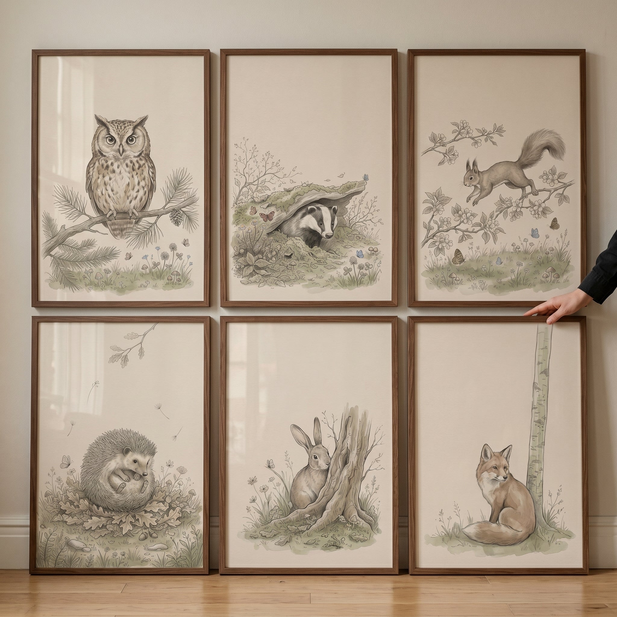 Vintage Botanical Woodland Animal Wall Art Set of 6 - Woodland Friends Set