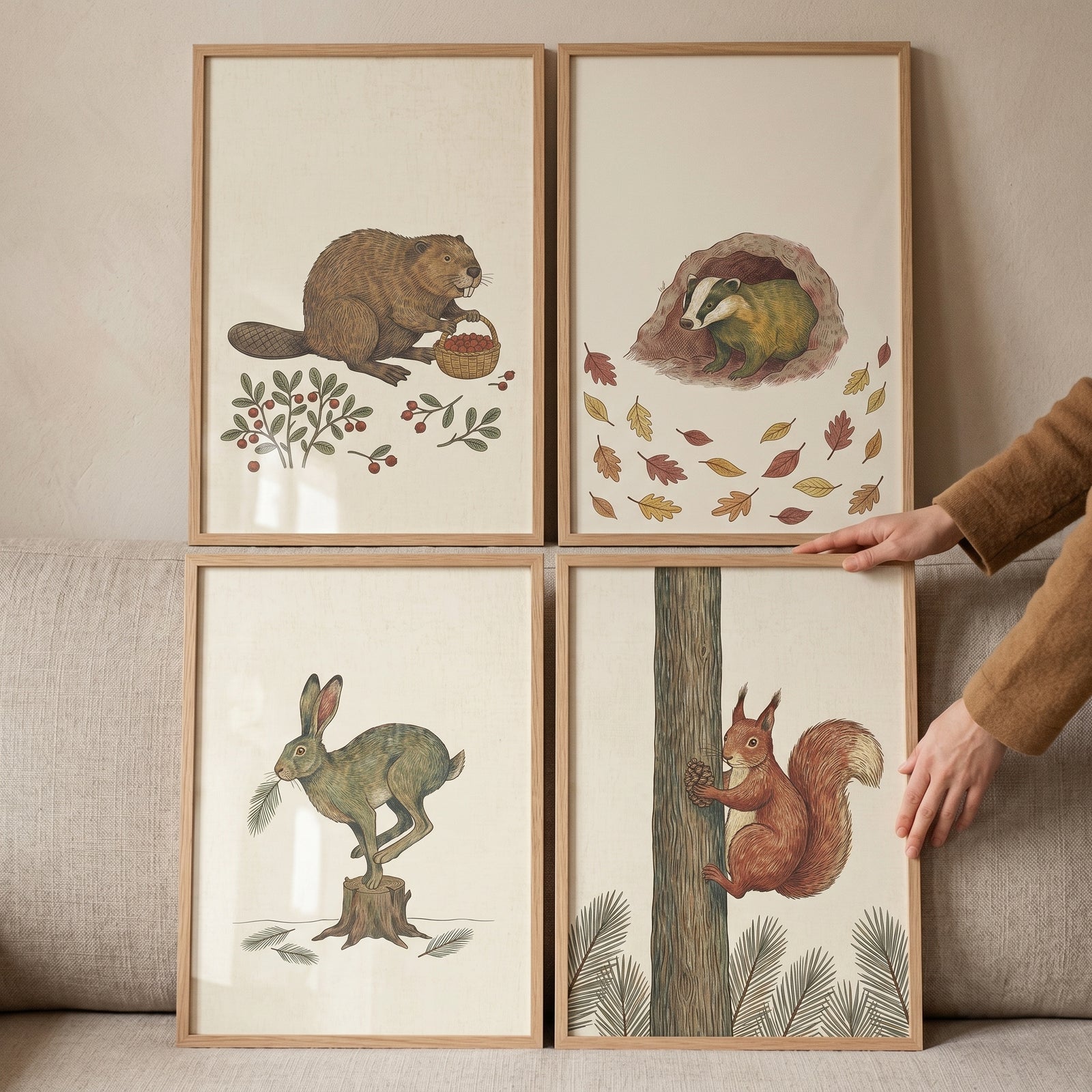 Vintage botanical woodland animals wall art set of 4 featuring a beaver, badger, hare, and squirrel in light wood frames.