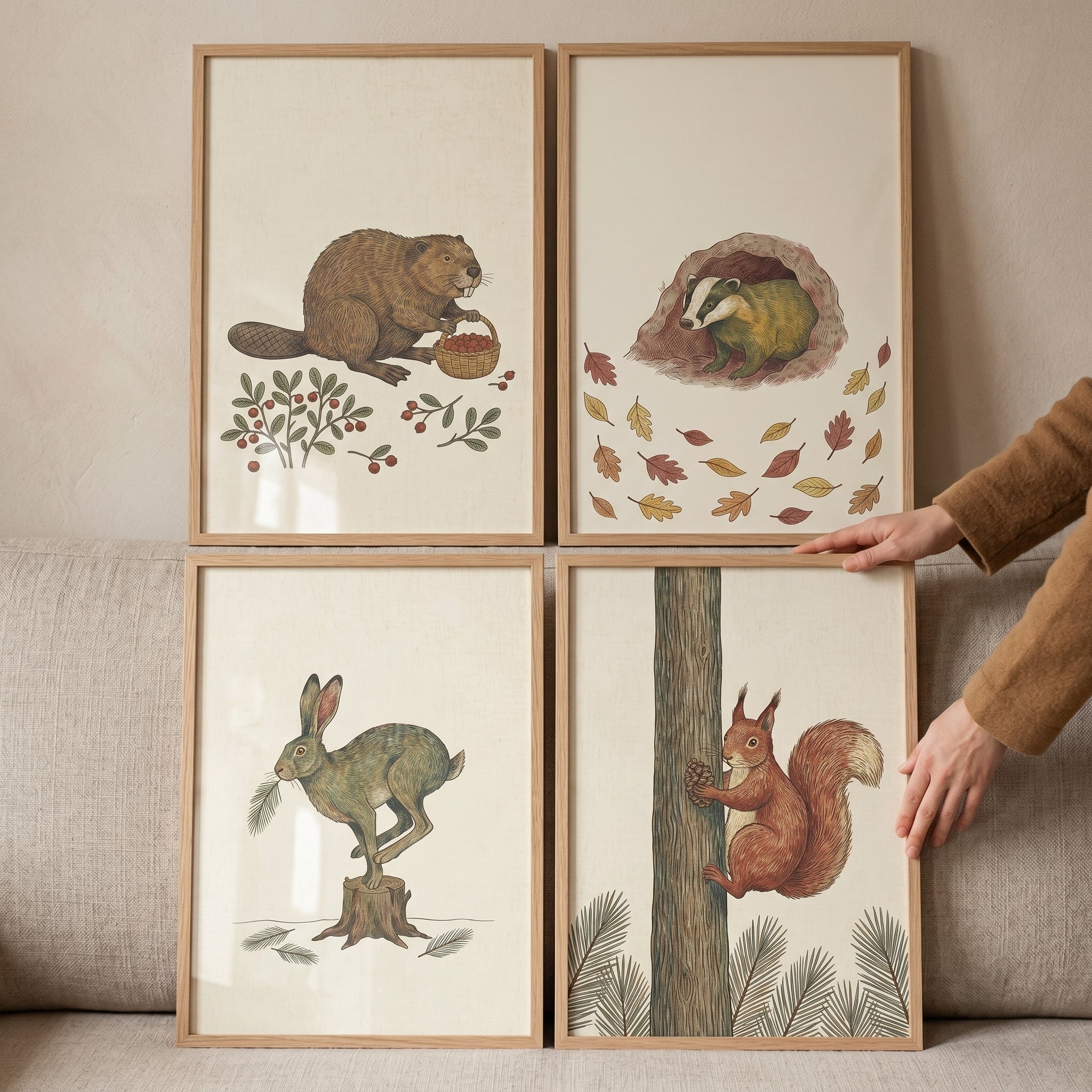 Vintage Botanical Woodland Animals Wall Art Set of 4 - Woodland Life Sketches