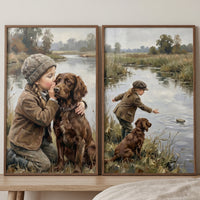 Vintage brown setter dog wall art set of 2 features a girl whispering to her dog and throwing stones into a river.