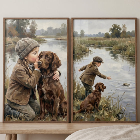 Vintage brown setter dog wall art set of 2 features a girl whispering to her dog and throwing stones into a river.