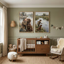Sage nursery with a wooden crib and vintage brown setter dog wall art set of 2 featuring a boy and his dog by a stream.