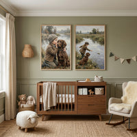 Sage nursery with a wooden crib and vintage brown setter dog wall art set of 2 featuring a boy and his dog by a stream.