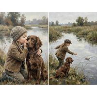Two panel collage featuring a close moment of a child hugging a brown dog by the water and a second scene of the child throwing a stone into the river while the dog watches.
