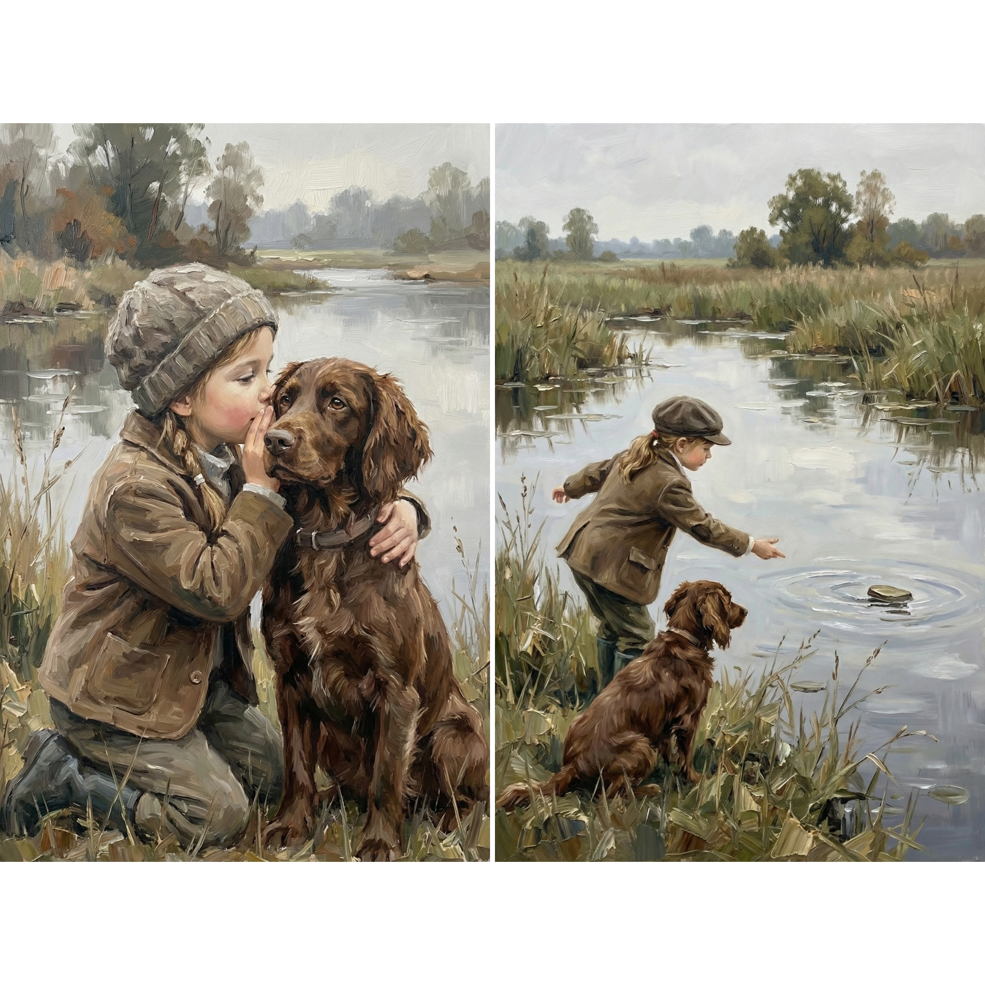 Two panel collage featuring a close moment of a child hugging a brown dog by the water and a second scene of the child throwing a stone into the river while the dog watches.
