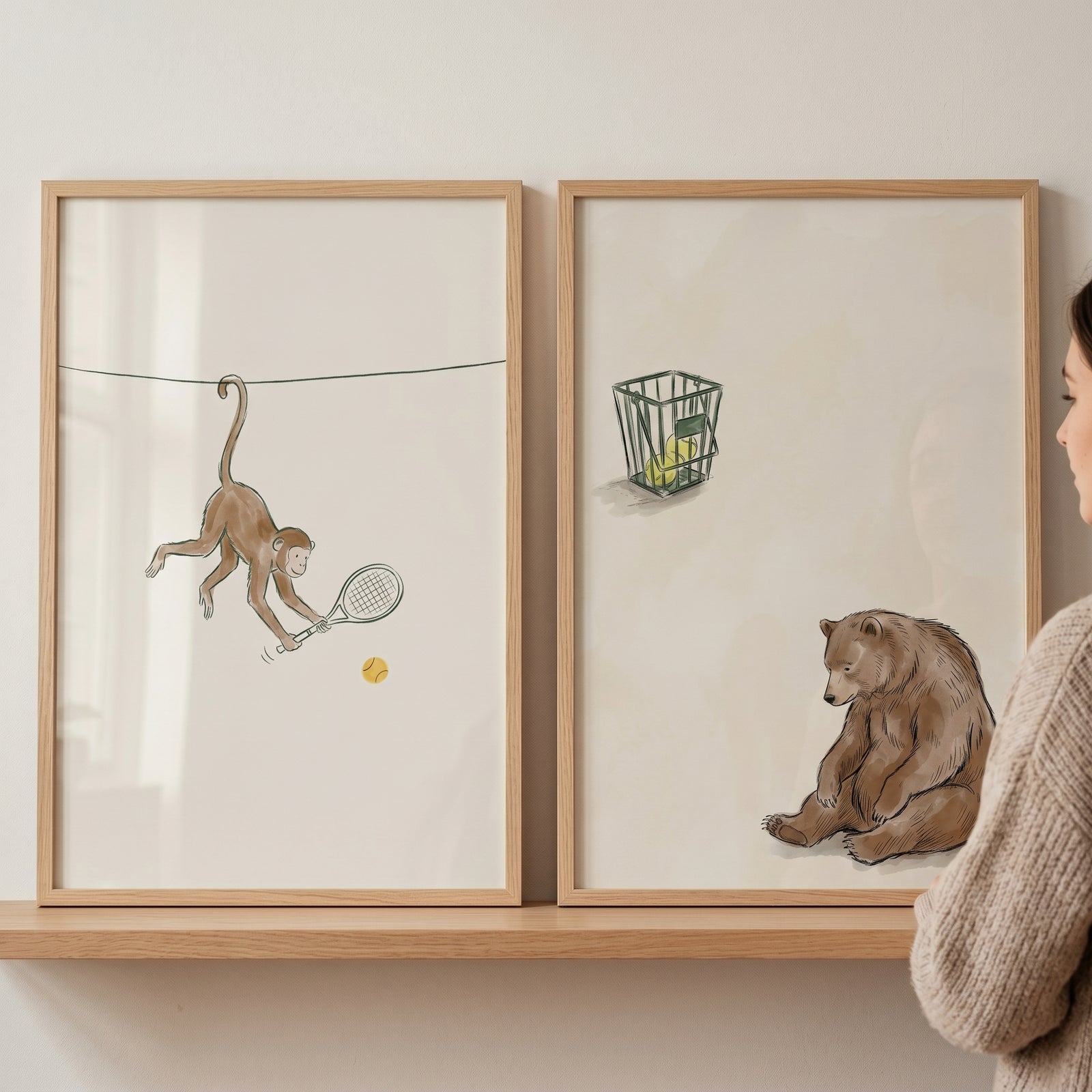 Vintage brown tennis animal wall art set of 2 with a monkey swinging a racket and a brown bear sitting by a ball basket.