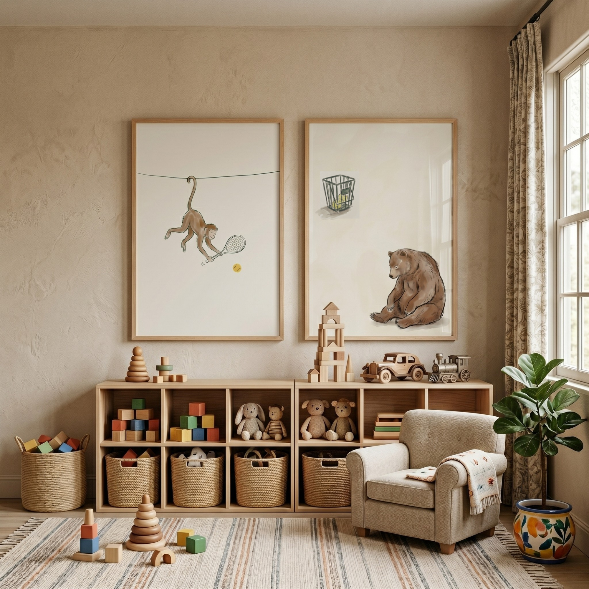 Vintage Brown Tennis Animal Wall Art Set of 2 - Tennis Court Animals