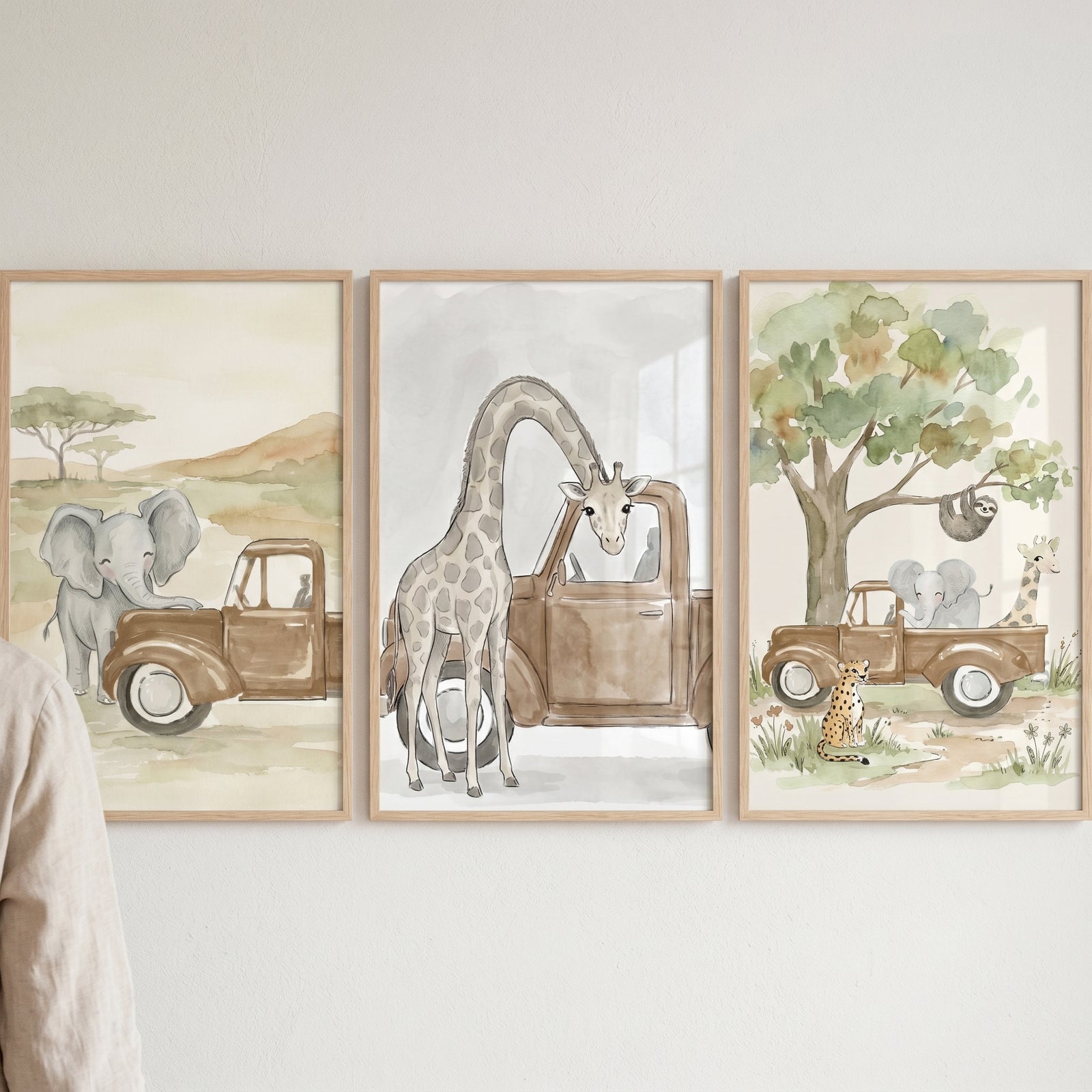 Watercolor safari animals and trucks. Vintage brown truck animal artwork set of 3 features giraffes and elephants.