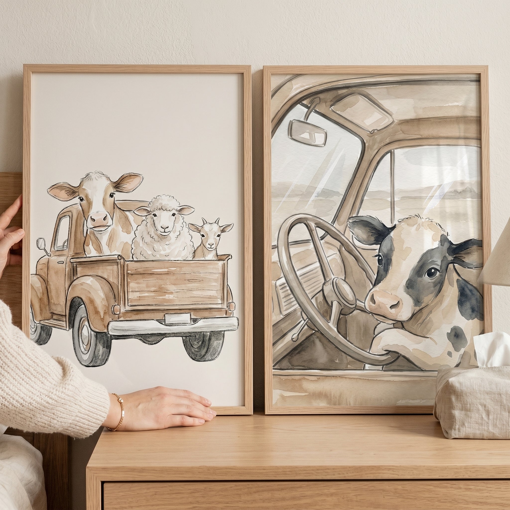 Vintage Brown Truck Cow Wall Art Set of 2 - Farmyard Road Trip