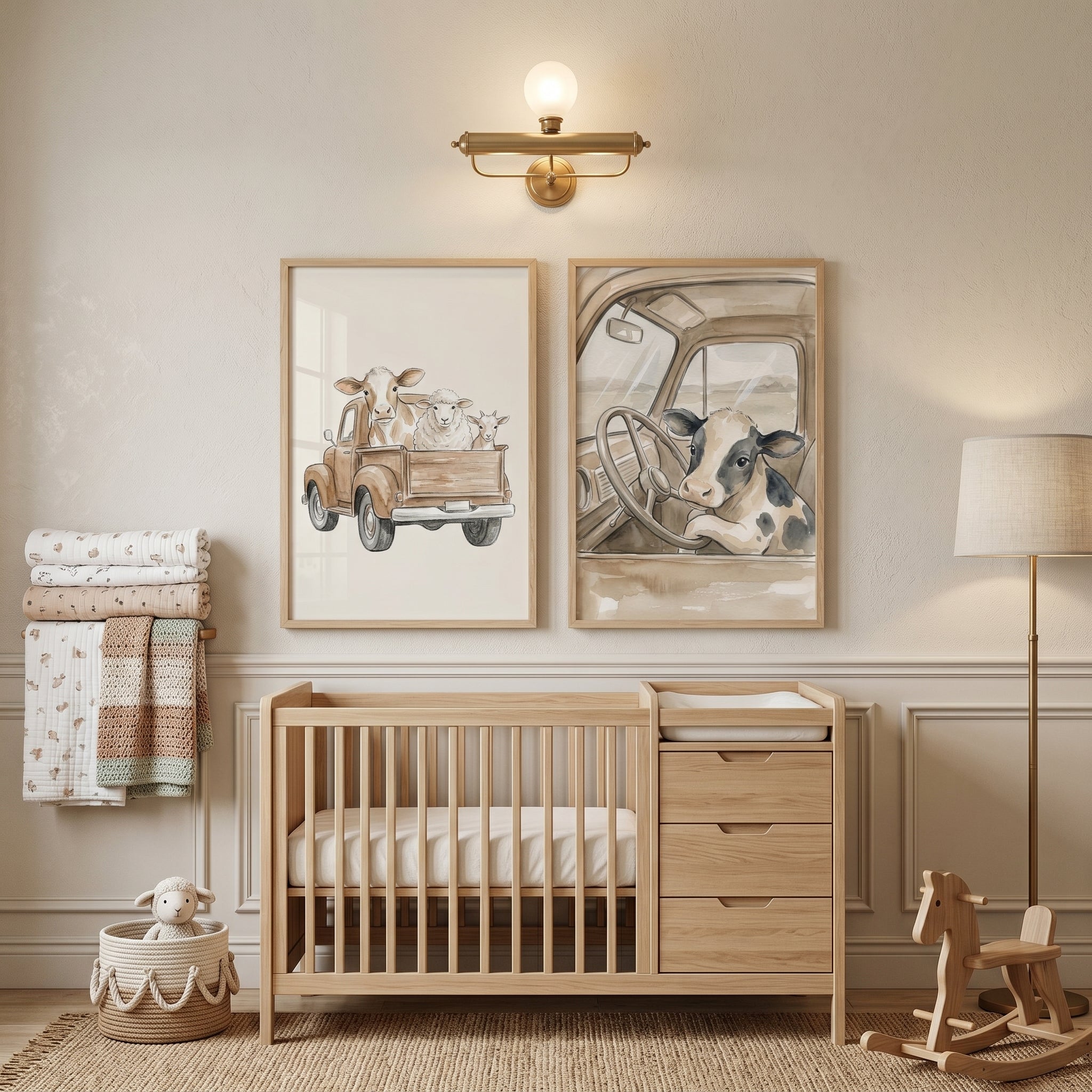 Vintage Brown Truck Cow Wall Art Set of 2 - Farmyard Road Trip