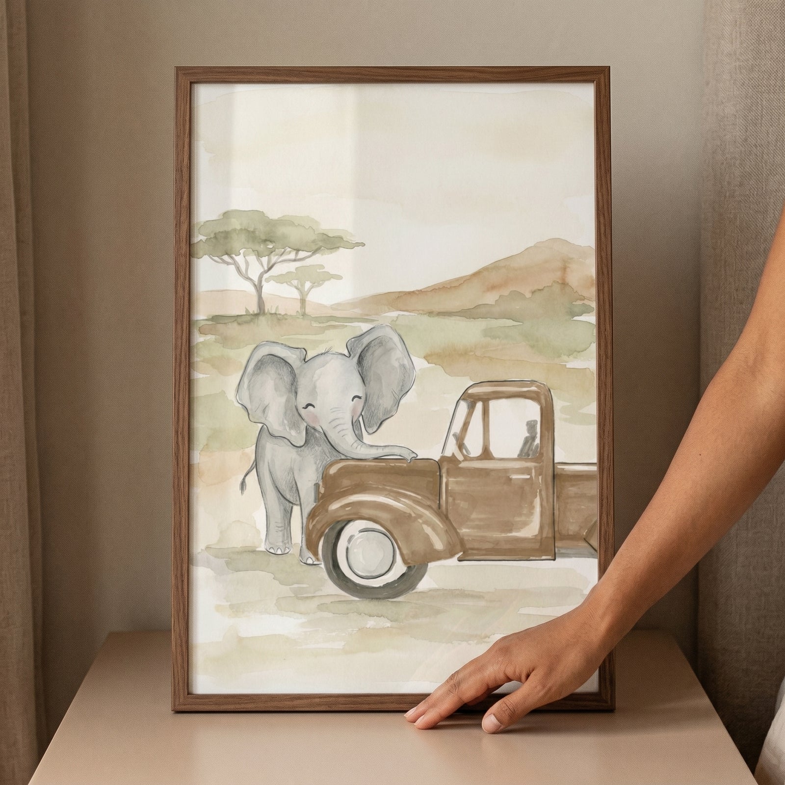 Framed vintage brown truck elephant wall art shows a baby elephant leaning on a truck in a soft watercolor savanna.
