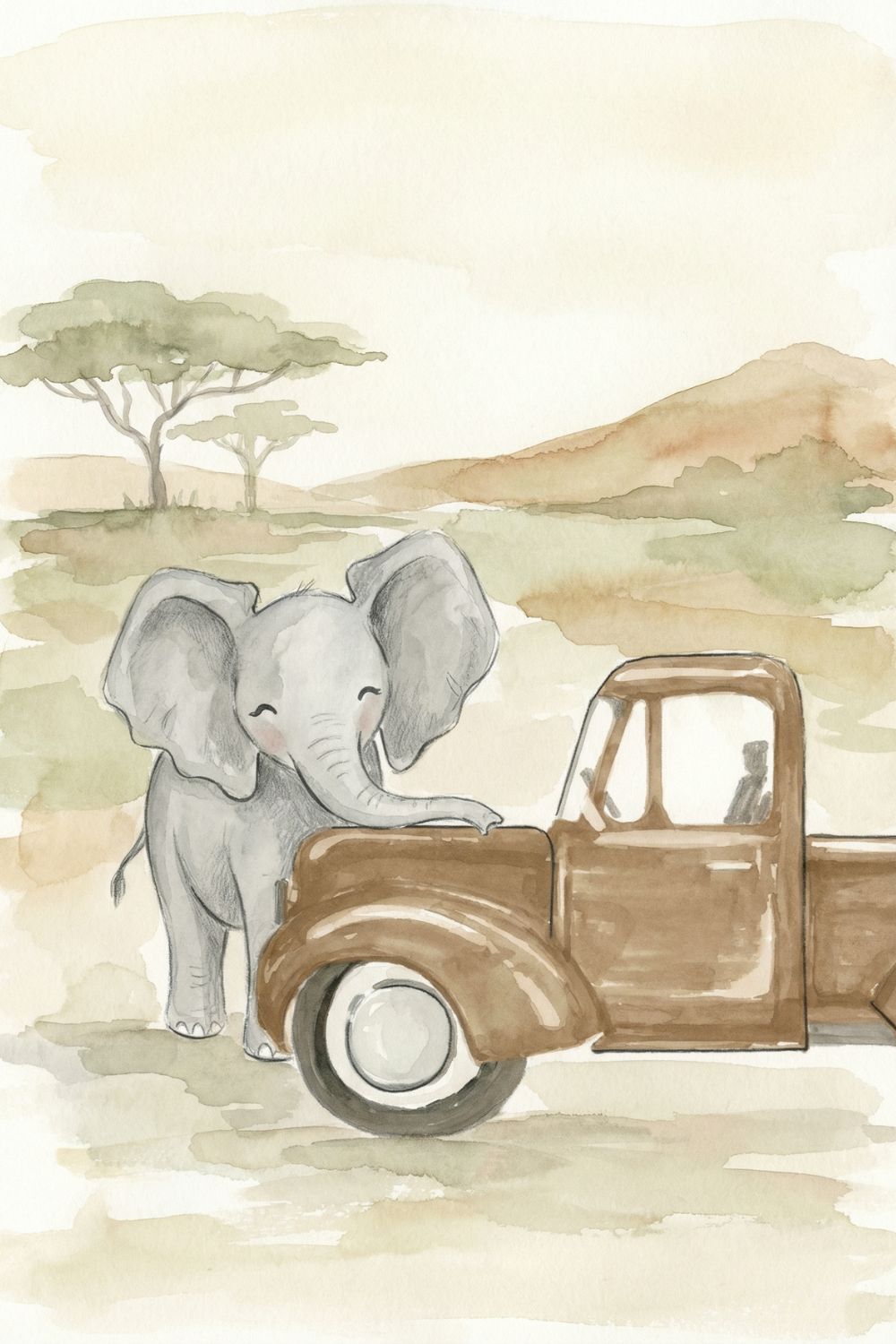 Vintage Brown Truck Elephant Wall Art - Savanna Road Trip