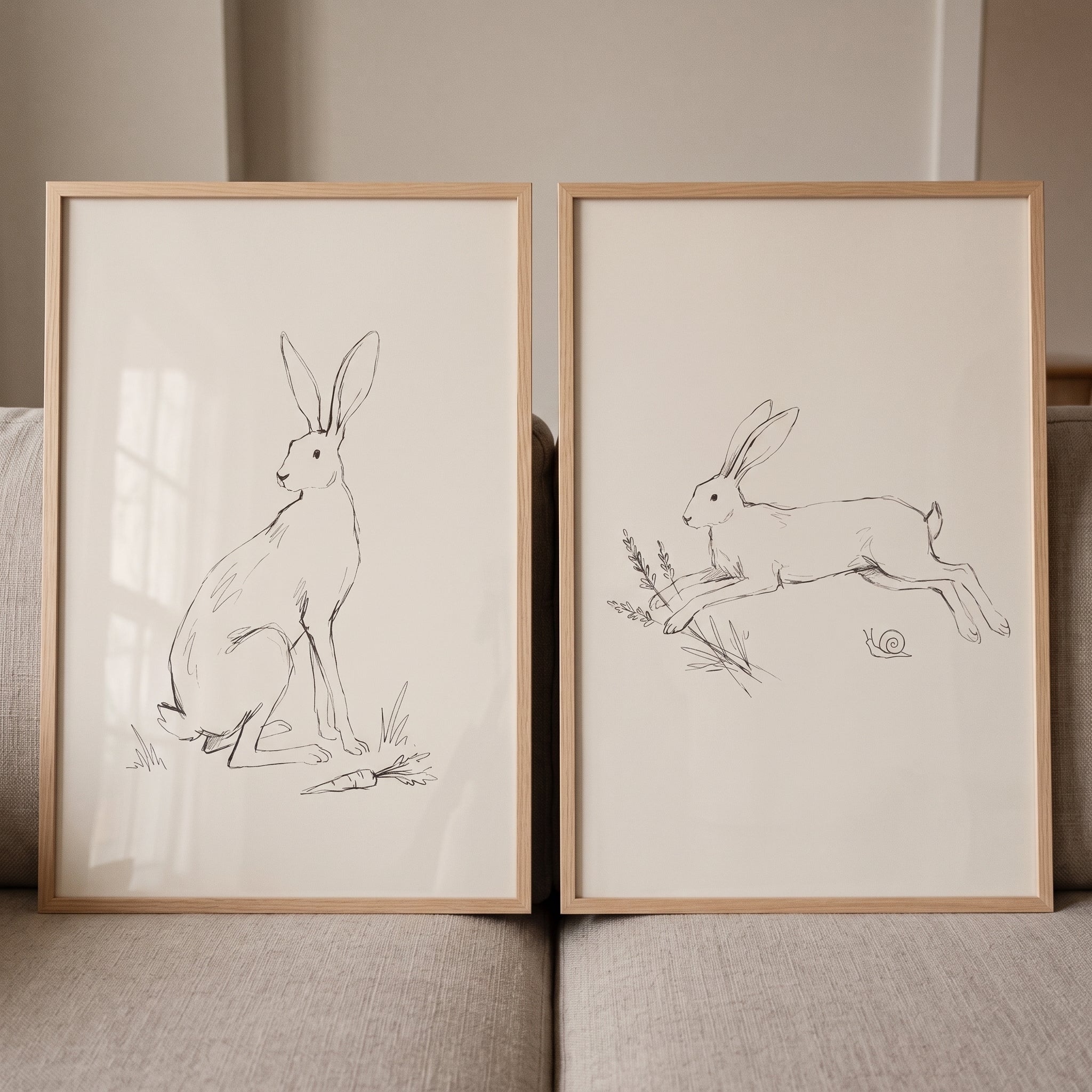 Vintage Bunny Wall Art Set of 2 - Woodland Hare Sketches
