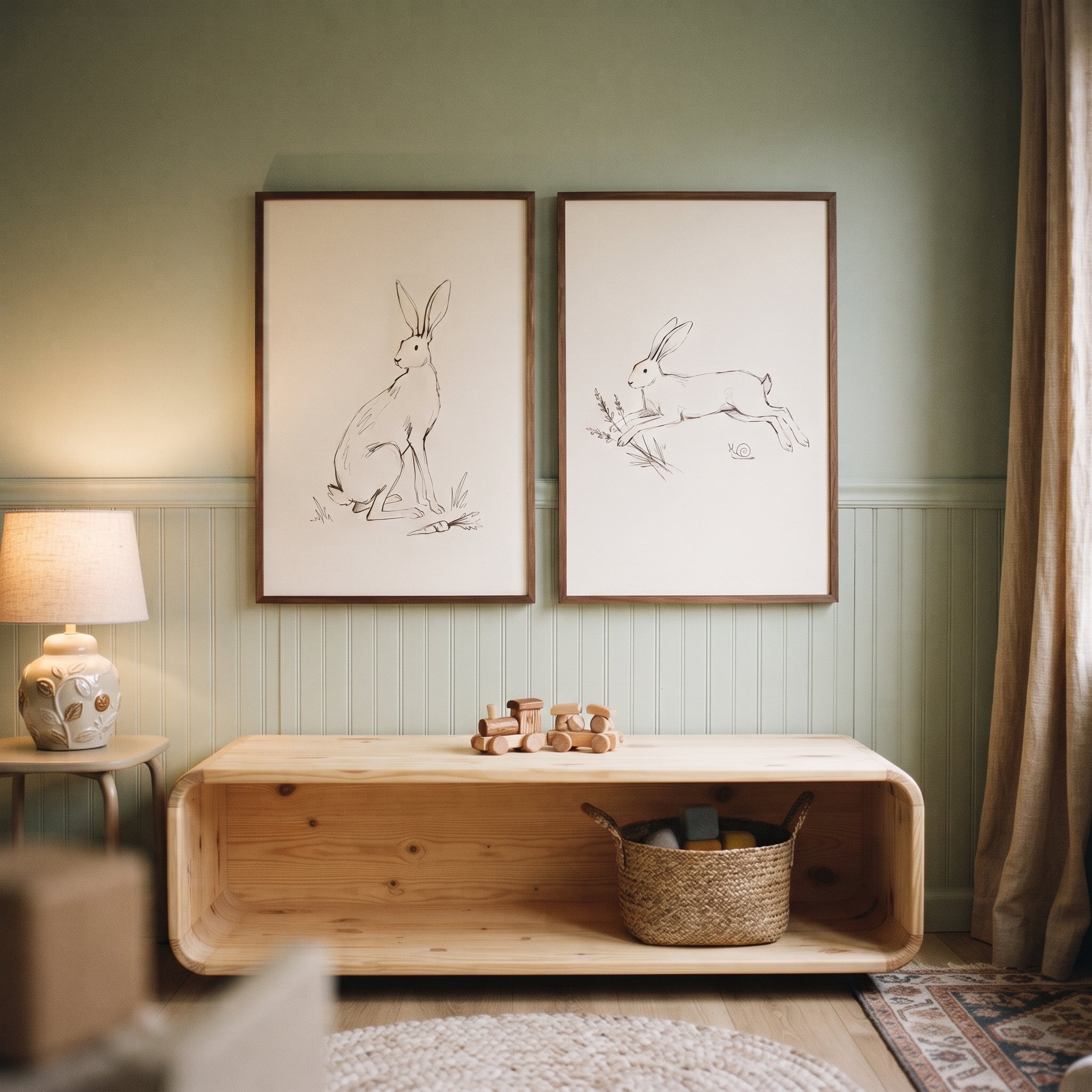Vintage Bunny Wall Art Set of 2 - Woodland Hare Sketches