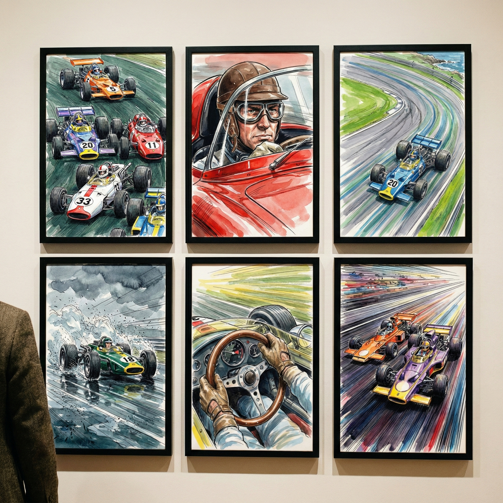 Six framed illustrations of vintage auto racing are arranged in a three-by-two grid on a light-colored wall. To the far left, a person's shoulder in a brown textured jacket is partially visible. In the top-left frame, multiple vintage open-wheel racing cars in vibrant colors like orange, red, and blue are shown competing on a track. 