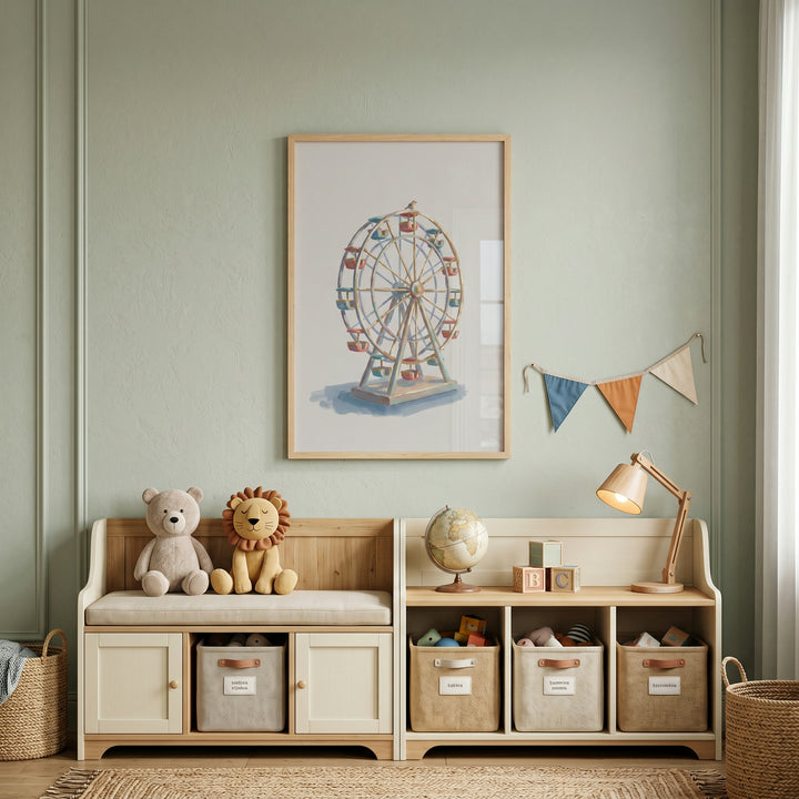 Vintage carnival ferris wheel wall art above a storage bench with a teddy bear, lion, lamp, and globe in a sage green room.