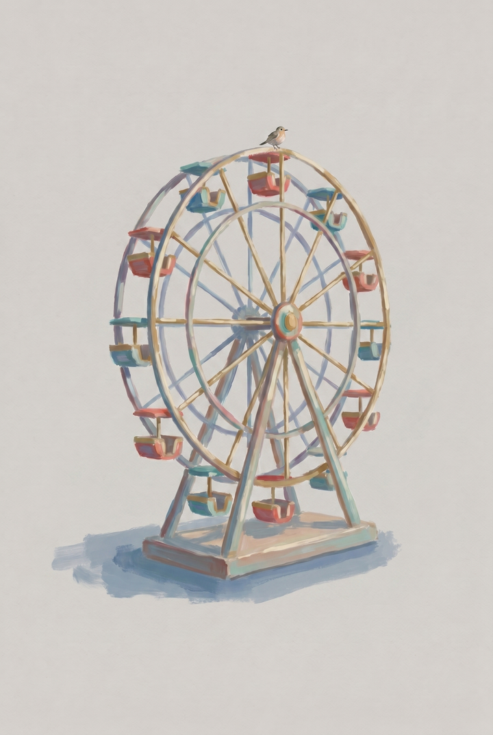 Vintage carnival ferris wheel wall art with colorful red and blue cars and a small bird perched on top.