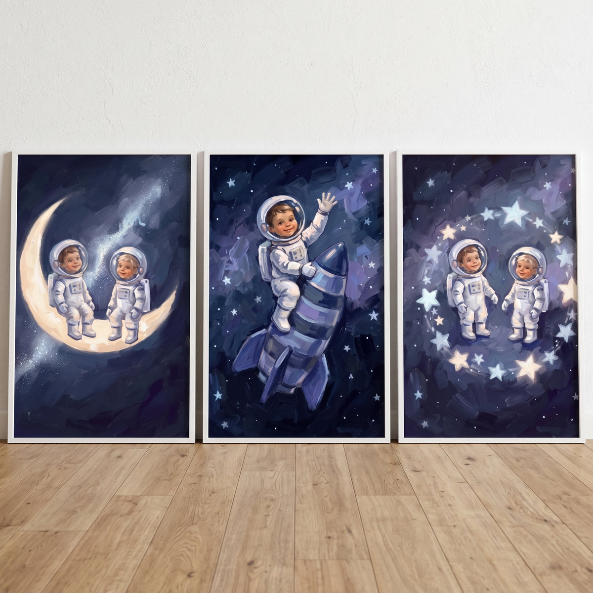 Vintage celestial baby astronaut wall art set of 3 featuring babies on a moon, a rocket, and a circle of stars.