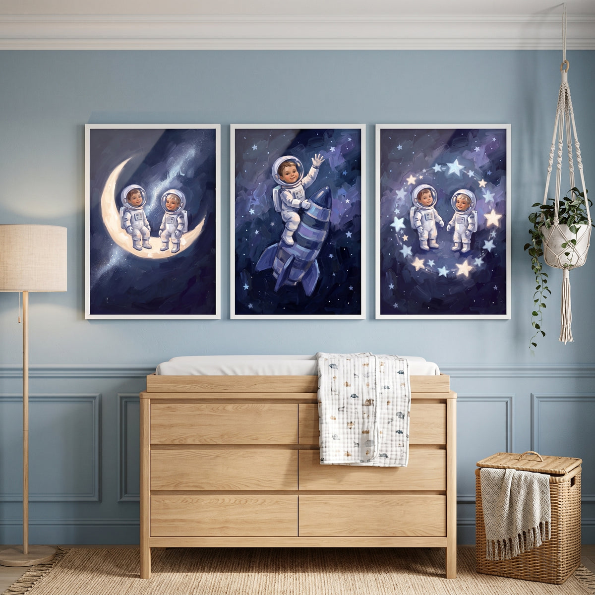 Vintage Celestial Baby Astronaut Wall Art Set of 3 - Moonlit Rocket Dreams