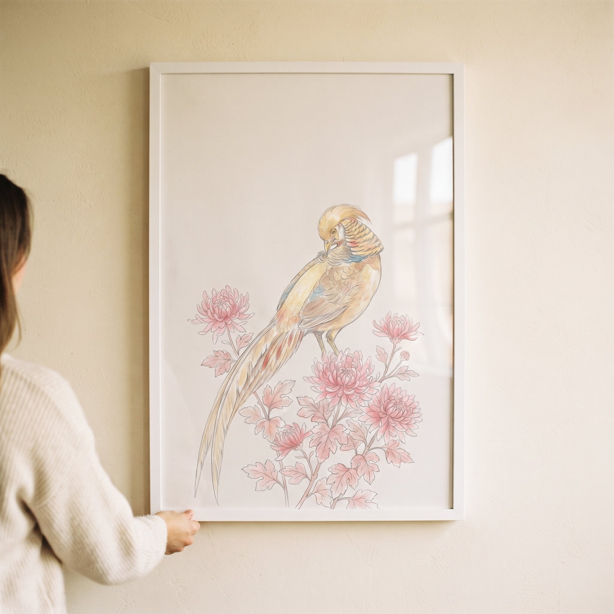 Vintage Chinoiserie Pink Pheasant Wall Art - Soft Petal Perch
