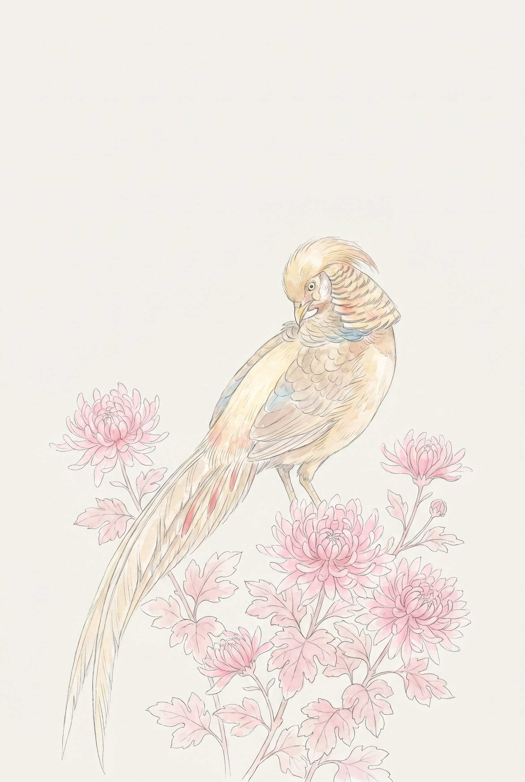 Vintage Chinoiserie Pink Pheasant Wall Art - Soft Petal Perch