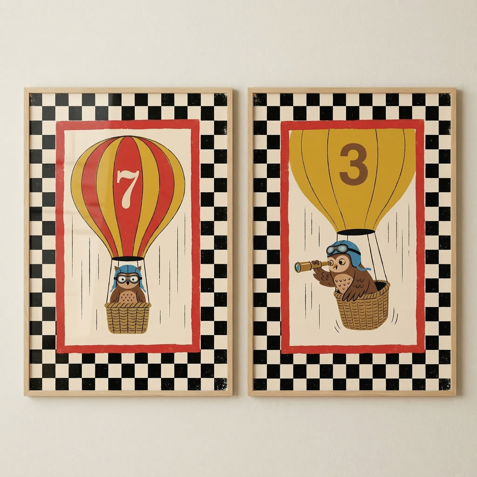 A pair of rectangular wall art prints are displayed side-by-side against a plain, off-white wall. Both illustrations share a consistent vintage-inspired, whimsical style and are enclosed in light wood frames. Each print features a thick border of black and white checkerboard pattern, within which is a solid red rectangular frame on an off-white background.
