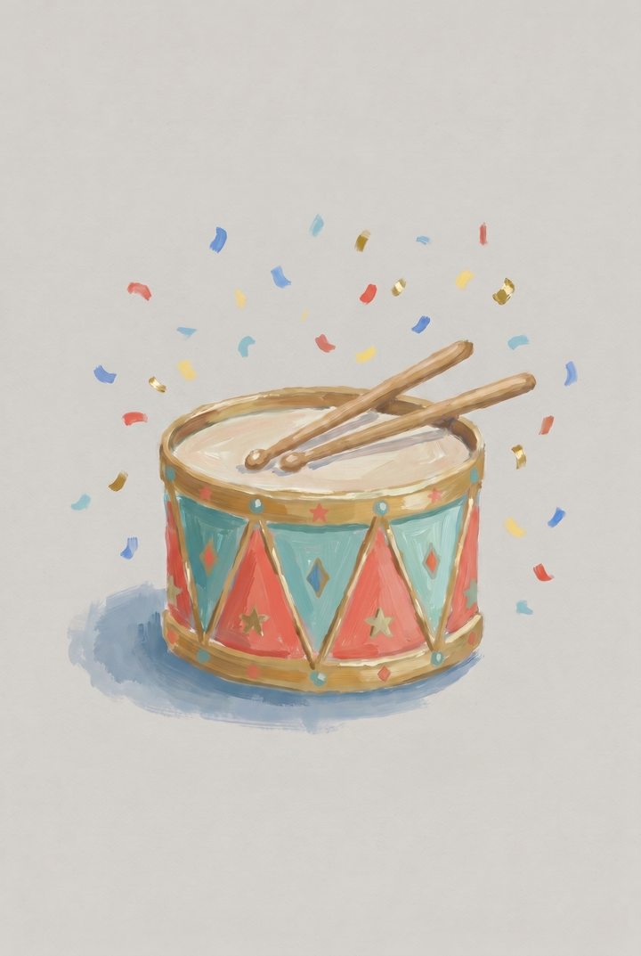 Vintage circus toy drum wall art with teal and red patterns, gold stars, drumsticks, and festive colorful confetti.