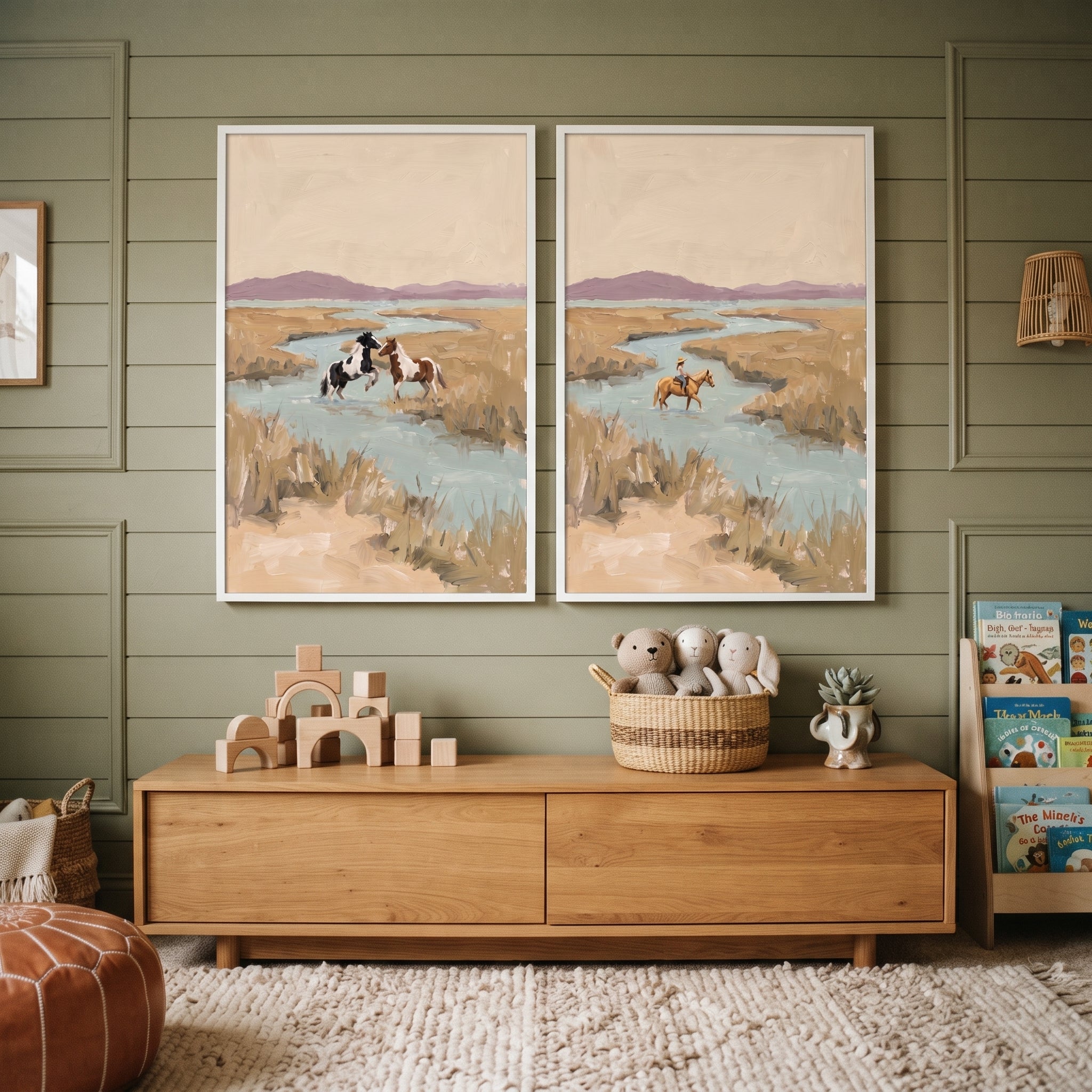 Vintage Coastal Marshland Horses Artwork Set of 2 - Wild Marsh Crossing
