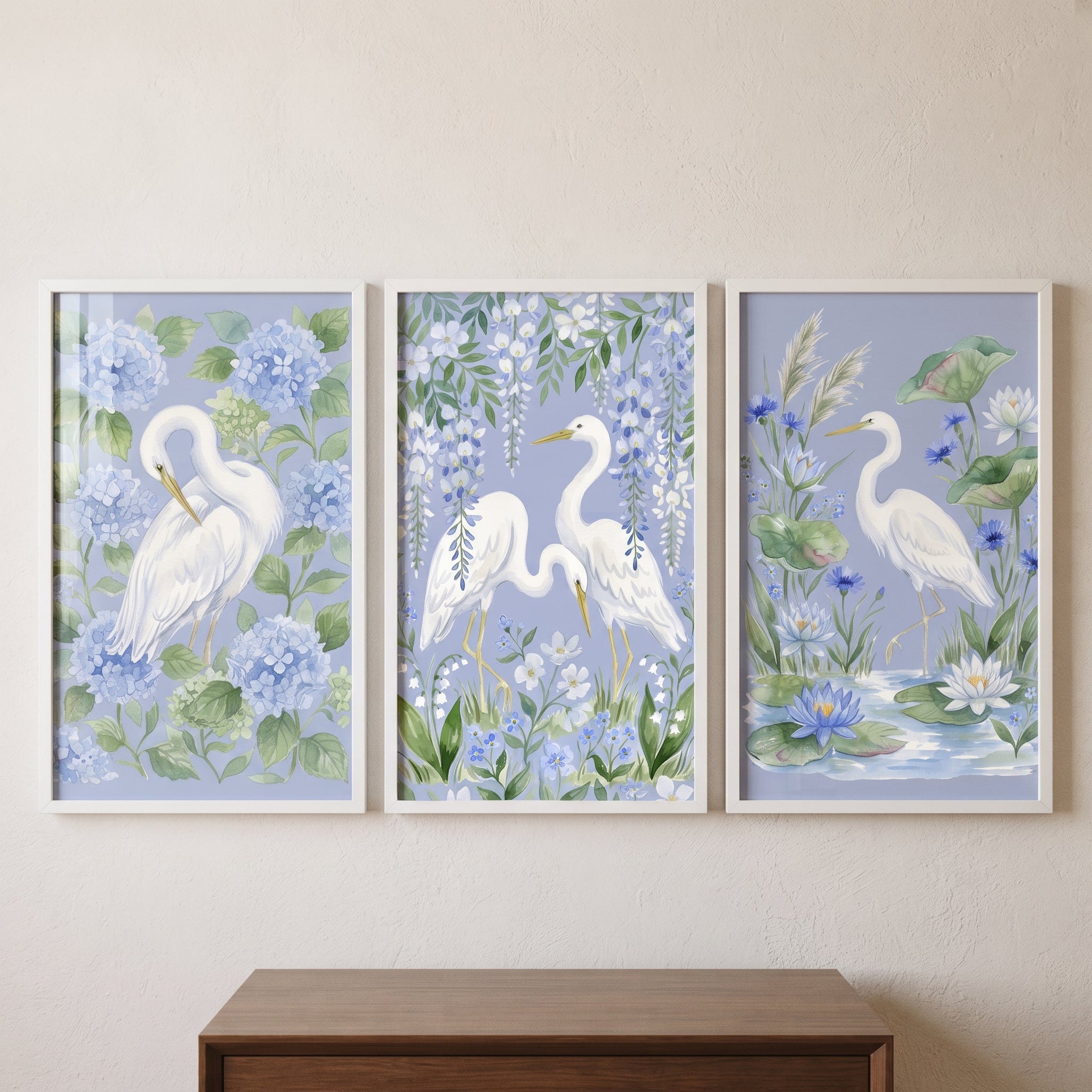 Vintage Coastal White Heron Bird Wall Art Set of 3 - Serene Heron Trio