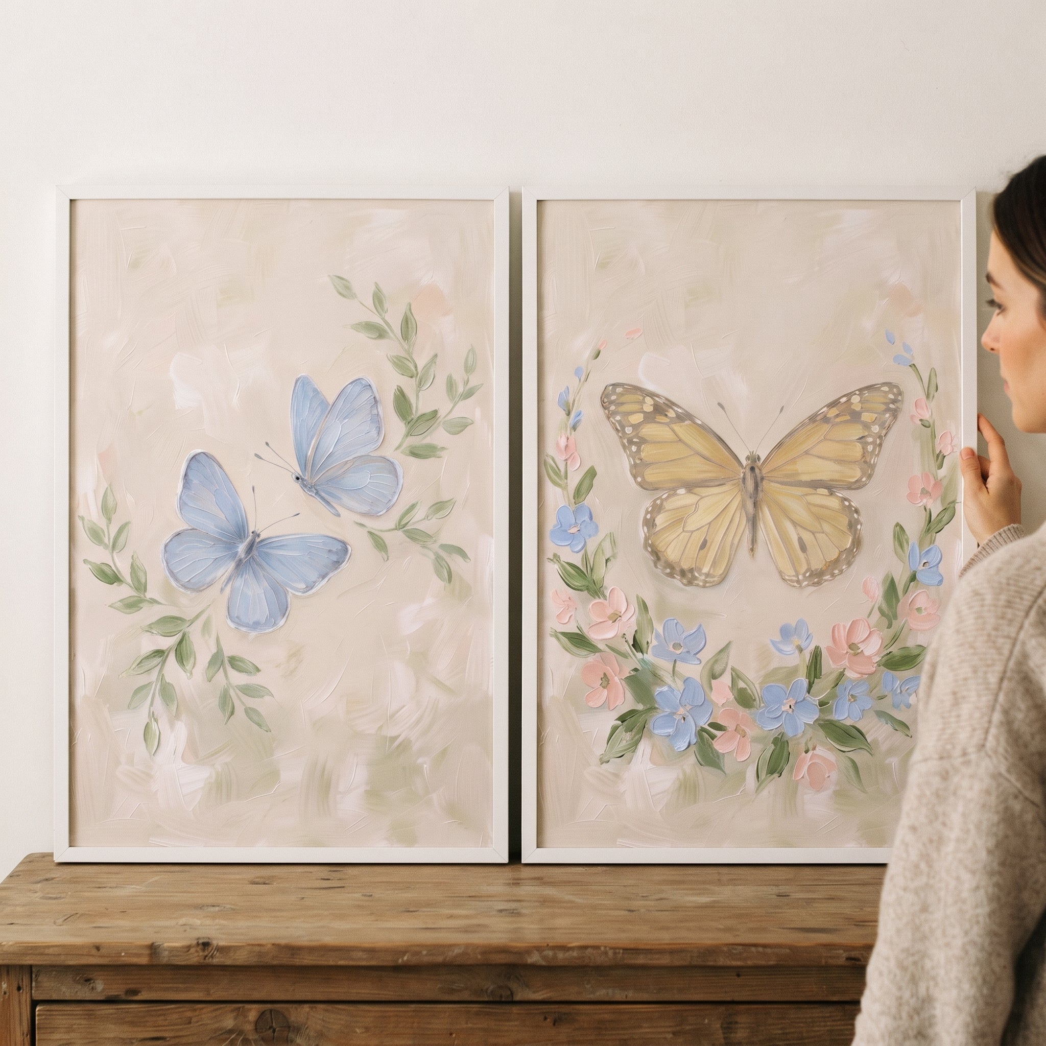 Vintage Cottagecore Botanical Butterfly Wall Art Set of 2 - Pastel Butterfly Duo
