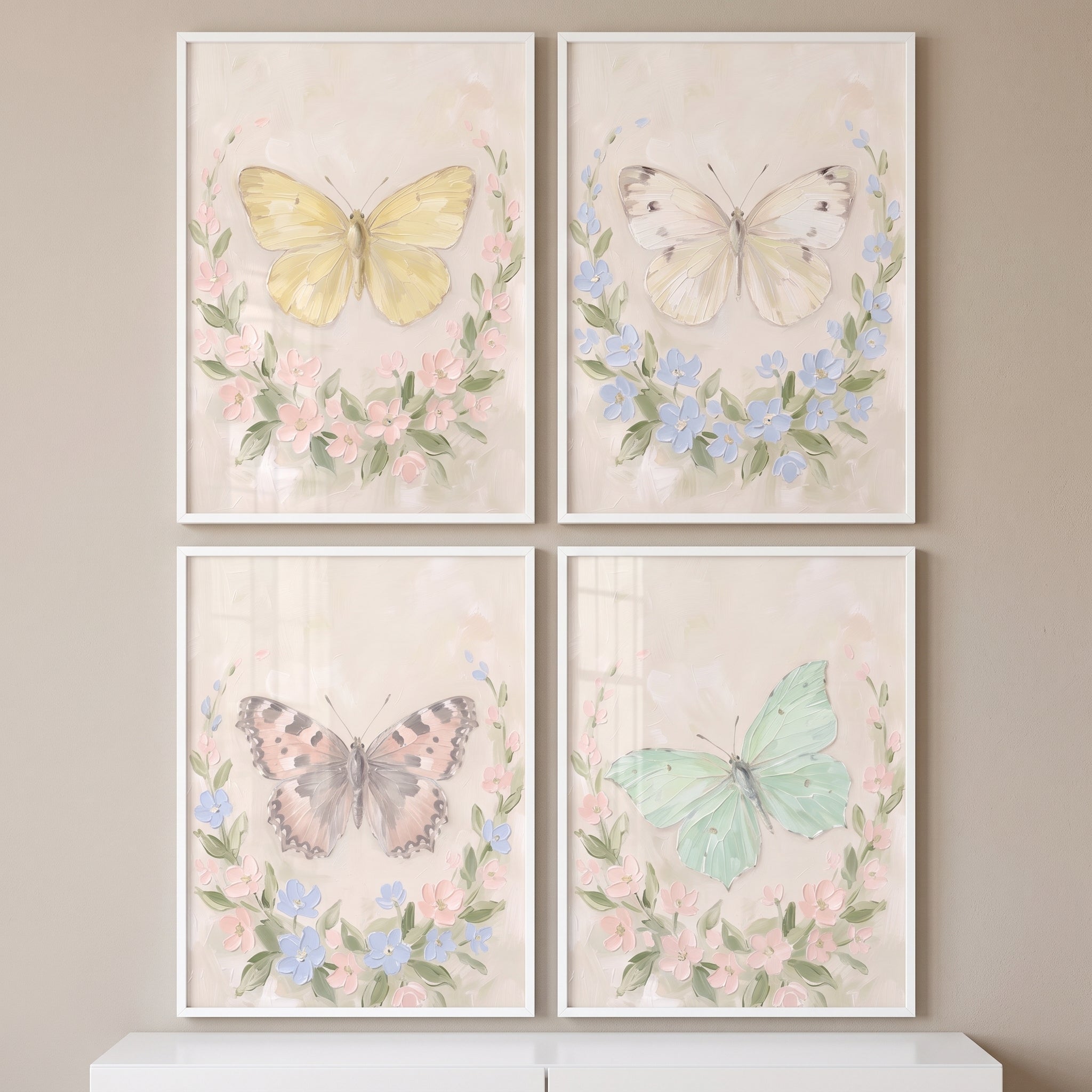 Vintage Cottagecore Floral Butterfly Wall Art Set of 4 - Soft Winged Florals