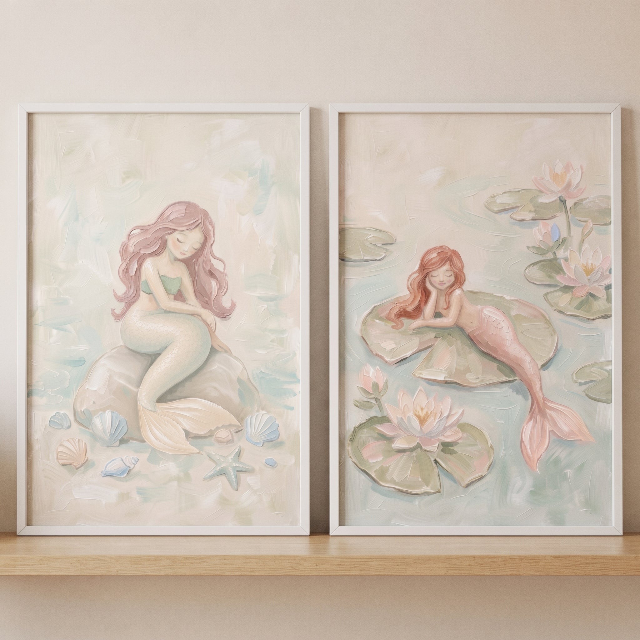 Vintage Cottagecore Pastel Mermaid Wall Art Set of 2 - Whimsical Water Maidens