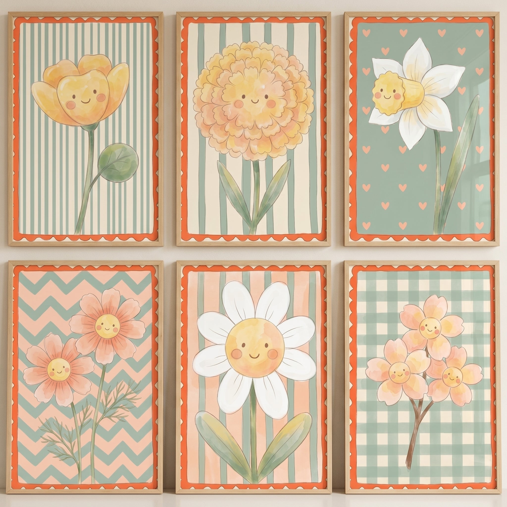 Vintage Cottagecore Smiling Flower Wall Art Set of 6 - Happy Flower Faces
