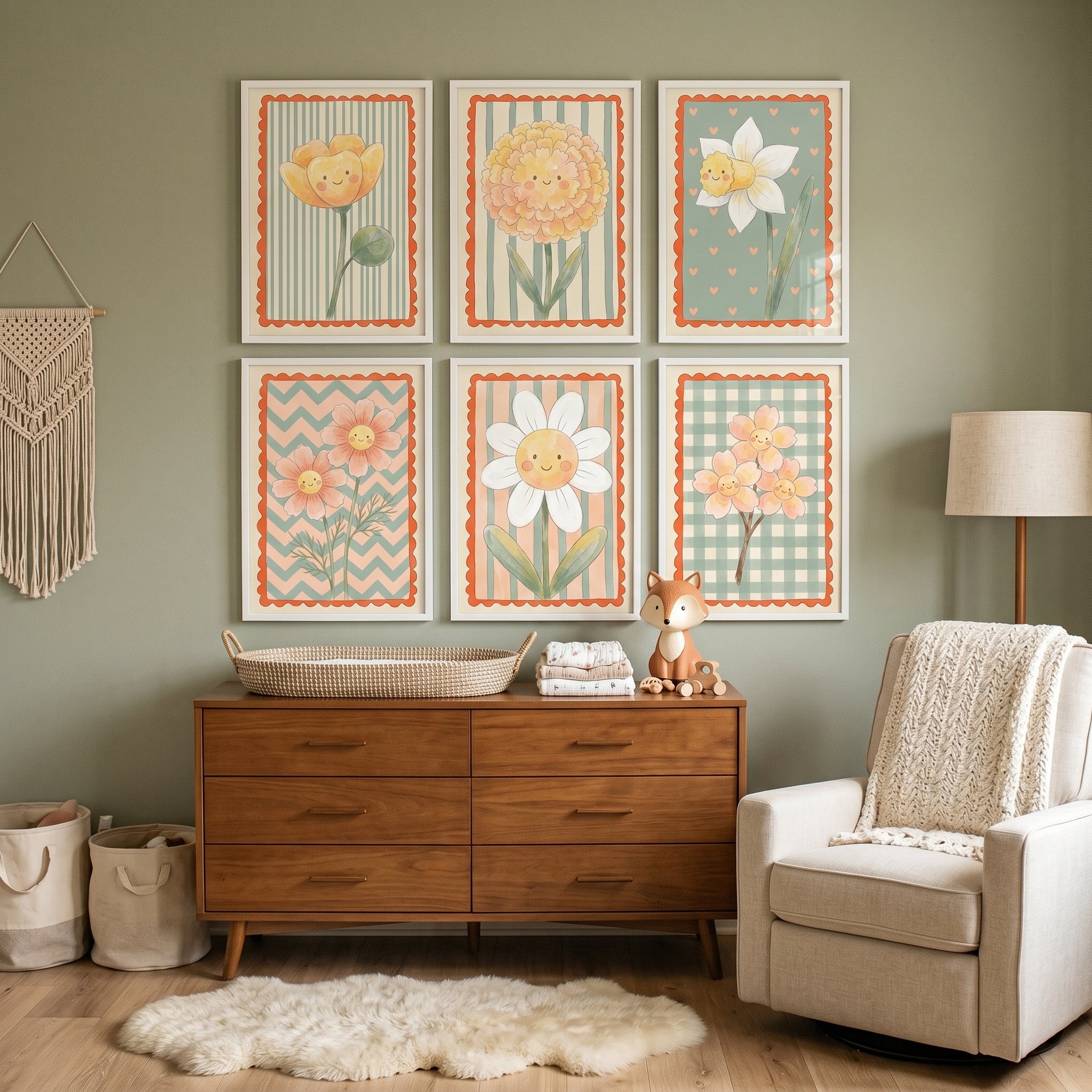 Vintage Cottagecore Smiling Flower Wall Art Set of 6 - Happy Flower Faces