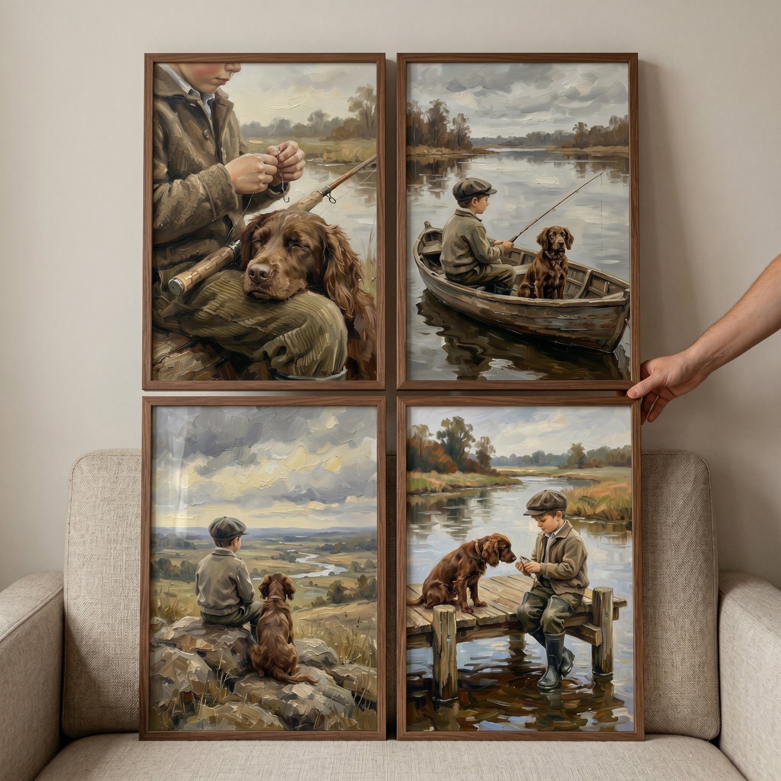 Vintage country boy dog wall art set of 4 held against a couch shows a boy and his dog in scenic river settings.