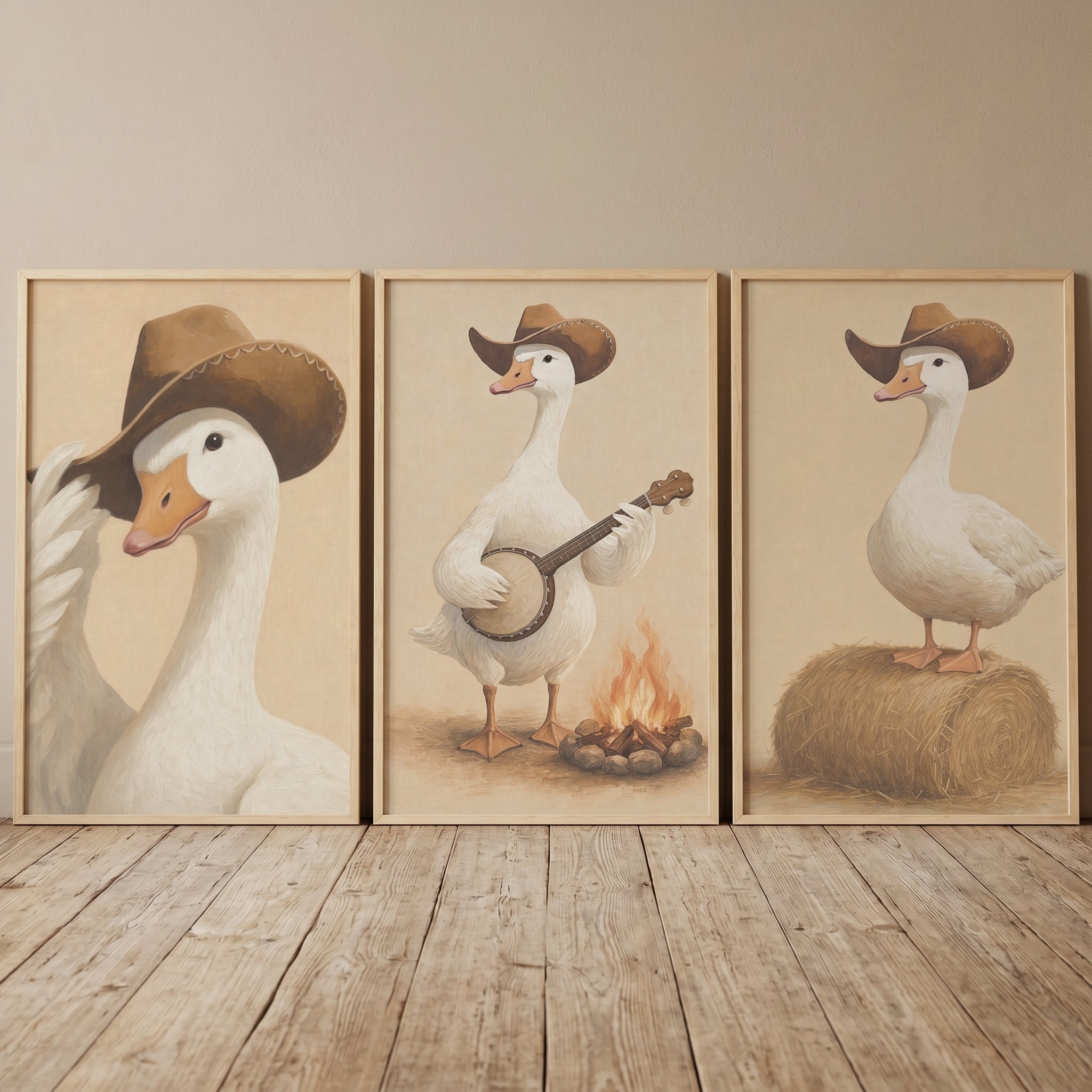 Vintage Country Cowboy Goose Wall Art Set of 3 - The Banjo Gander