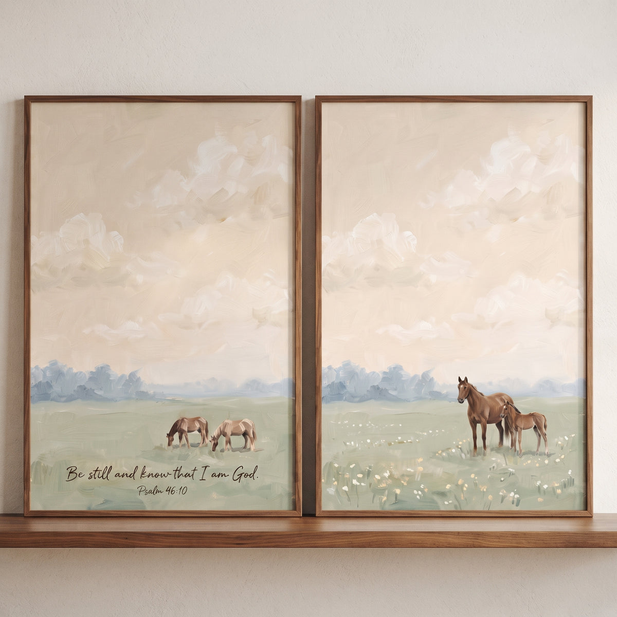 Vintage country meadow horse wall art set of 2 with wood frames, horses in a field, and scripture from Psalm 46:10.