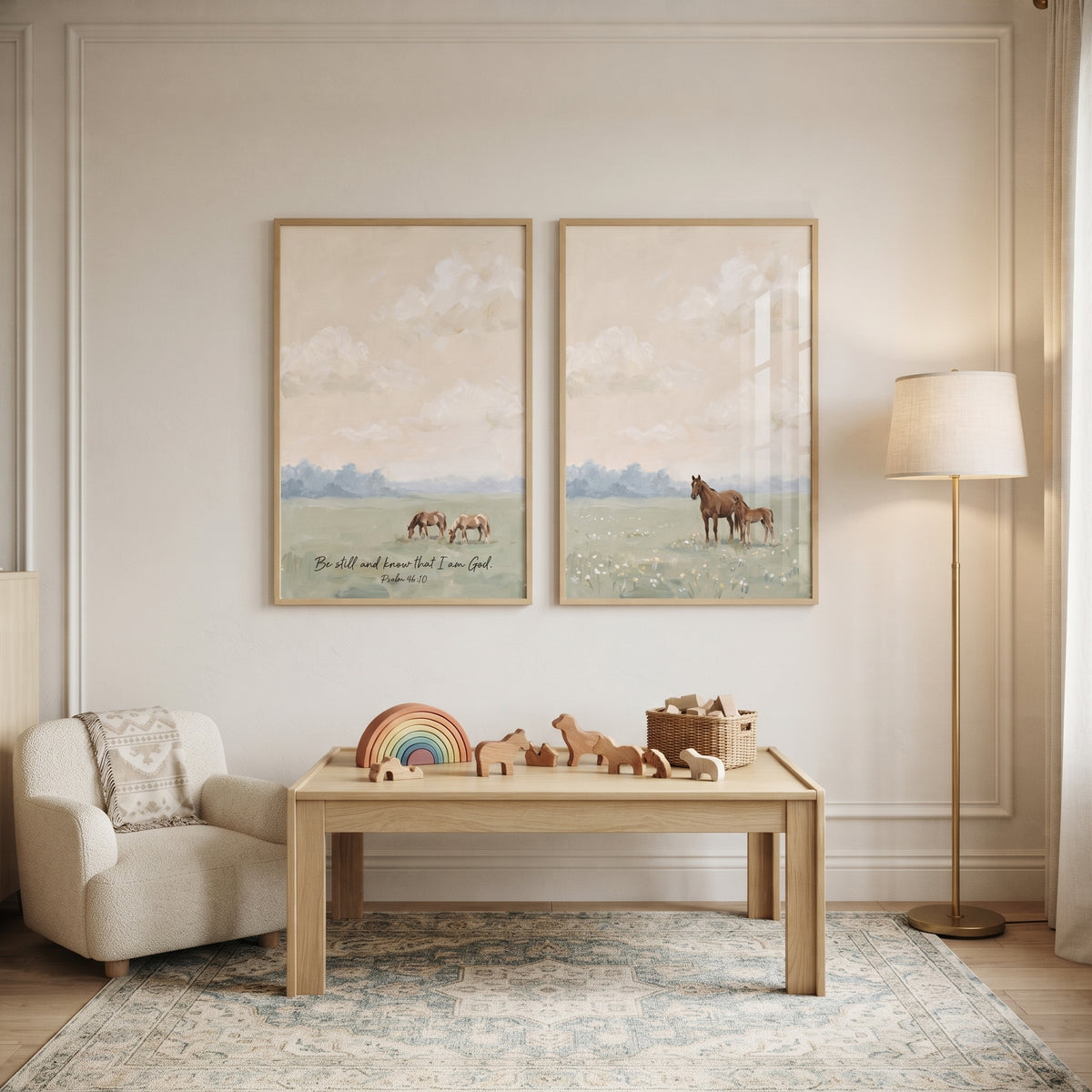 Vintage Country Meadow Horse Wall Art Set of 2 - Faithful Field Peace