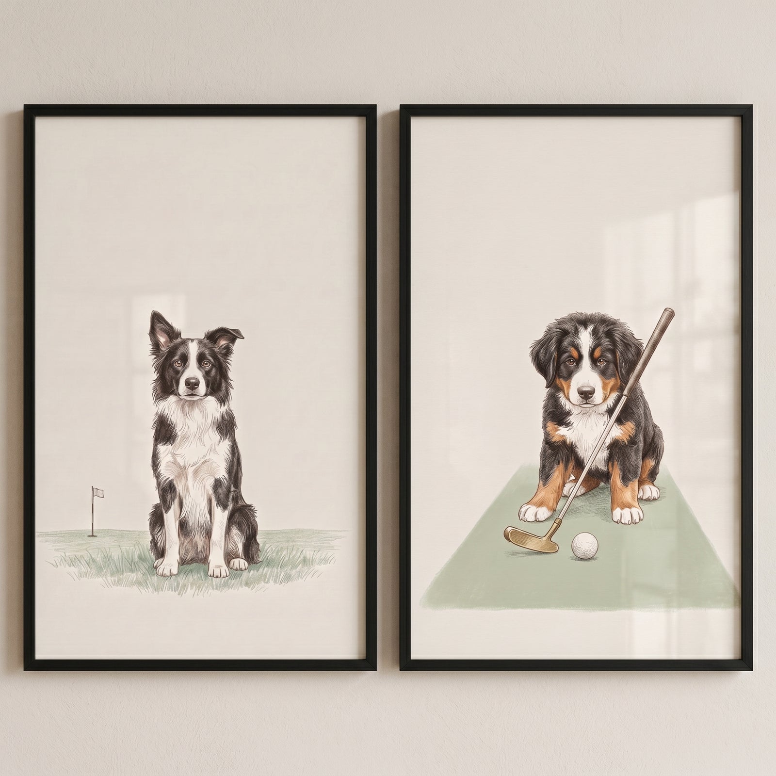 Vintage cream fairway dogs wall art set of 2 featuring a border collie and a puppy with golf gear in black frames.