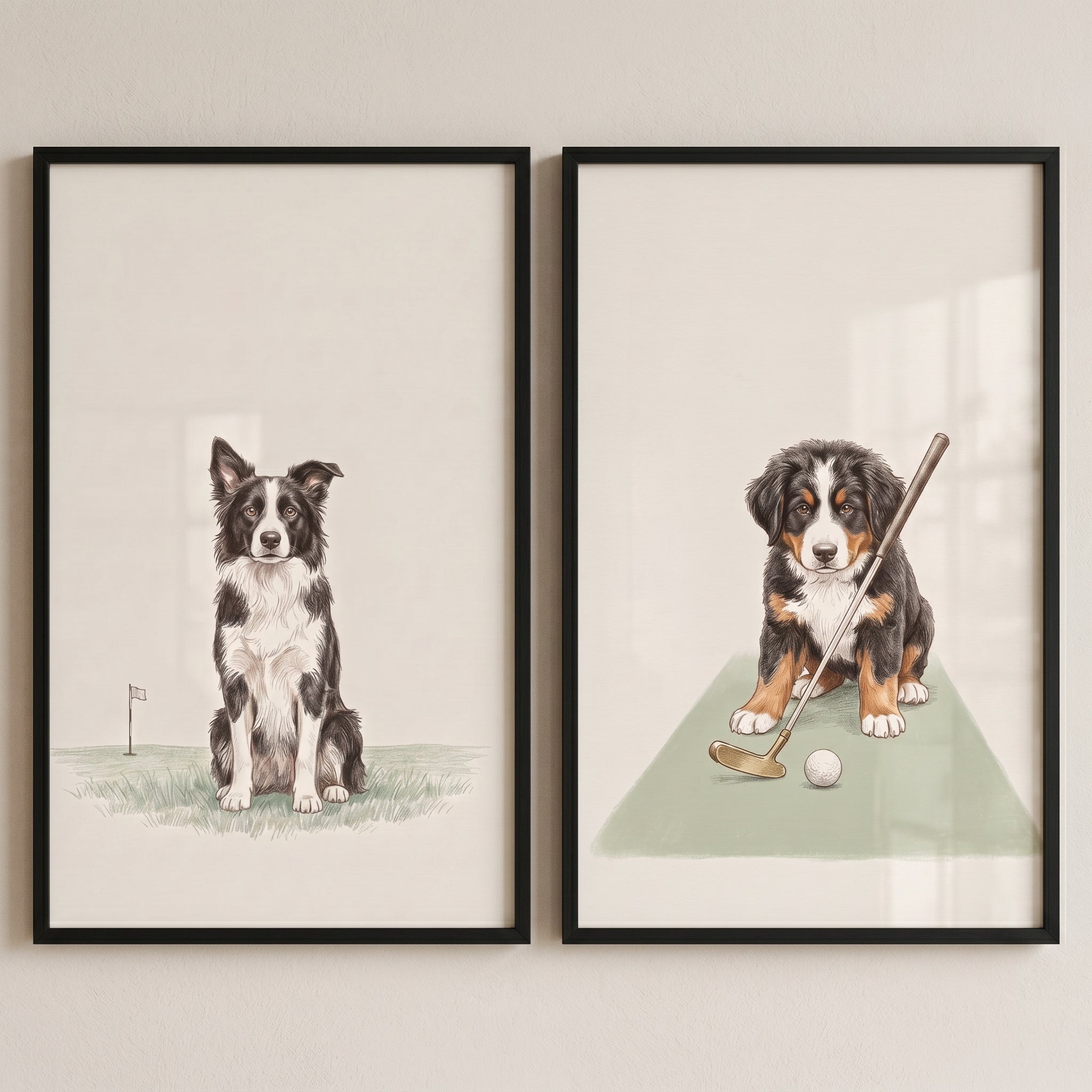 Vintage Cream Fairway Dogs Wall Art Set of 2 - Puppy Putting Fun