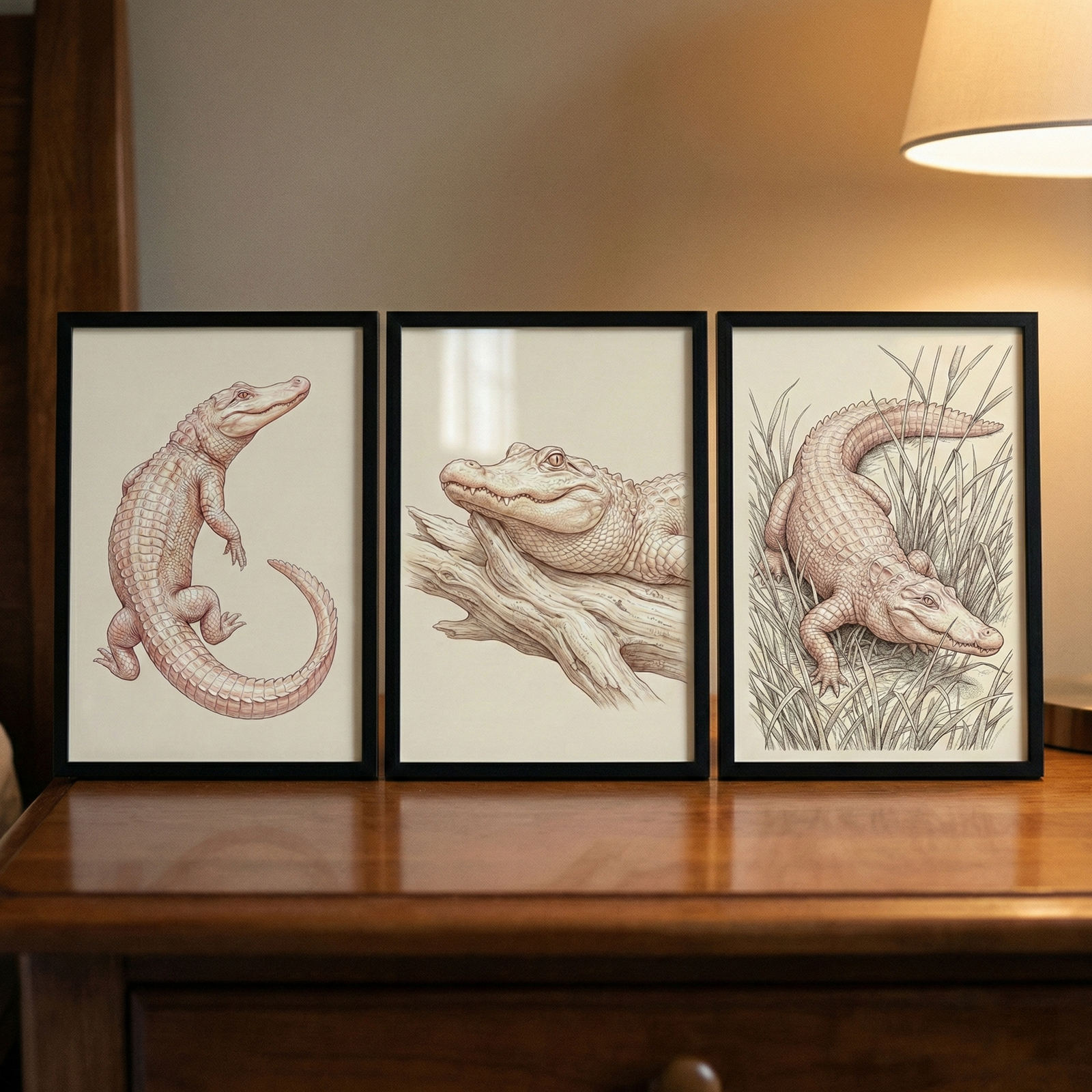 Three black-framed illustrations of alligators are arranged side-by-side on a dark wooden dresser. Each sepia-toned sketch features a different view of the reptile: a full-body profile with a curved tail, a close-up of a head resting on a piece of driftwood, and one crawling through tall grass. The scene is warmly lit by an adjacent lamp, with a wooden headboard visible in the soft-focus background.