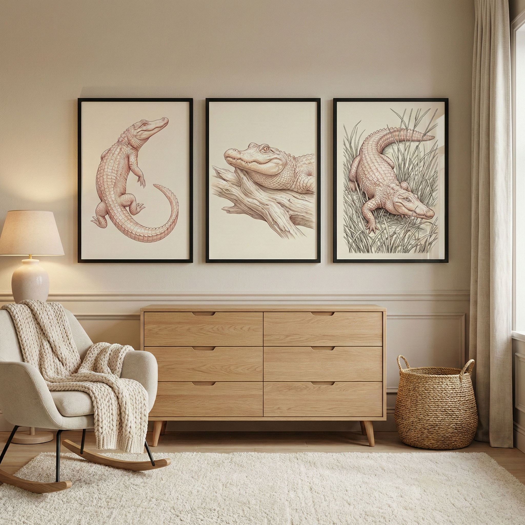 Vintage Crocodile Wall Art Set of 3 - Detailed Reptile Sketches